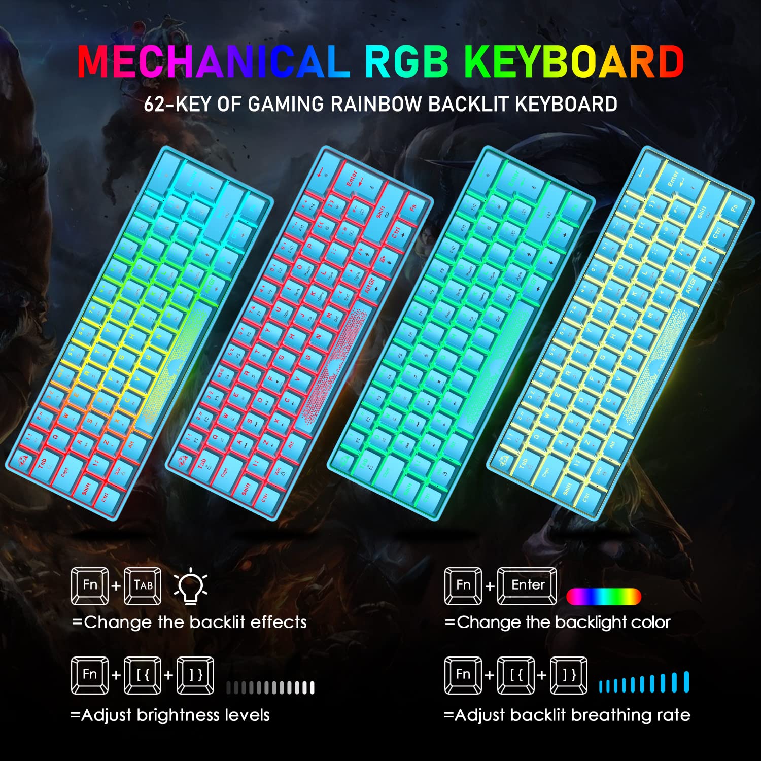 60% mechaniczna klawiatura, czerwony przełącznik, układ brytyjski, kompaktowy, 62-klawiszowy, USB C, efekty podświetlenia RGB, ergonomiczna klawiatura do gier, tęczowe podświetlenie LED, kompatybilna