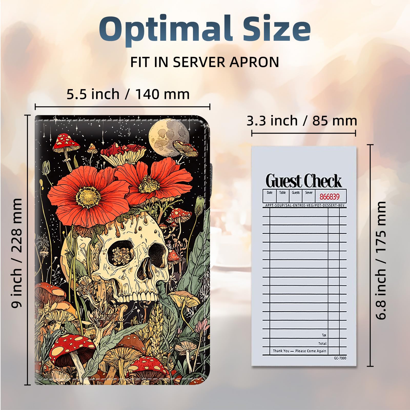 FQSXFIFN Leather Server Book for Waitress, Cute Server Book with Zipper Money Pocket,Check Presenters Waitstaff Organizer Fit Server Apron, Skull Red Flower Serving Books, Waiter Books for Servers