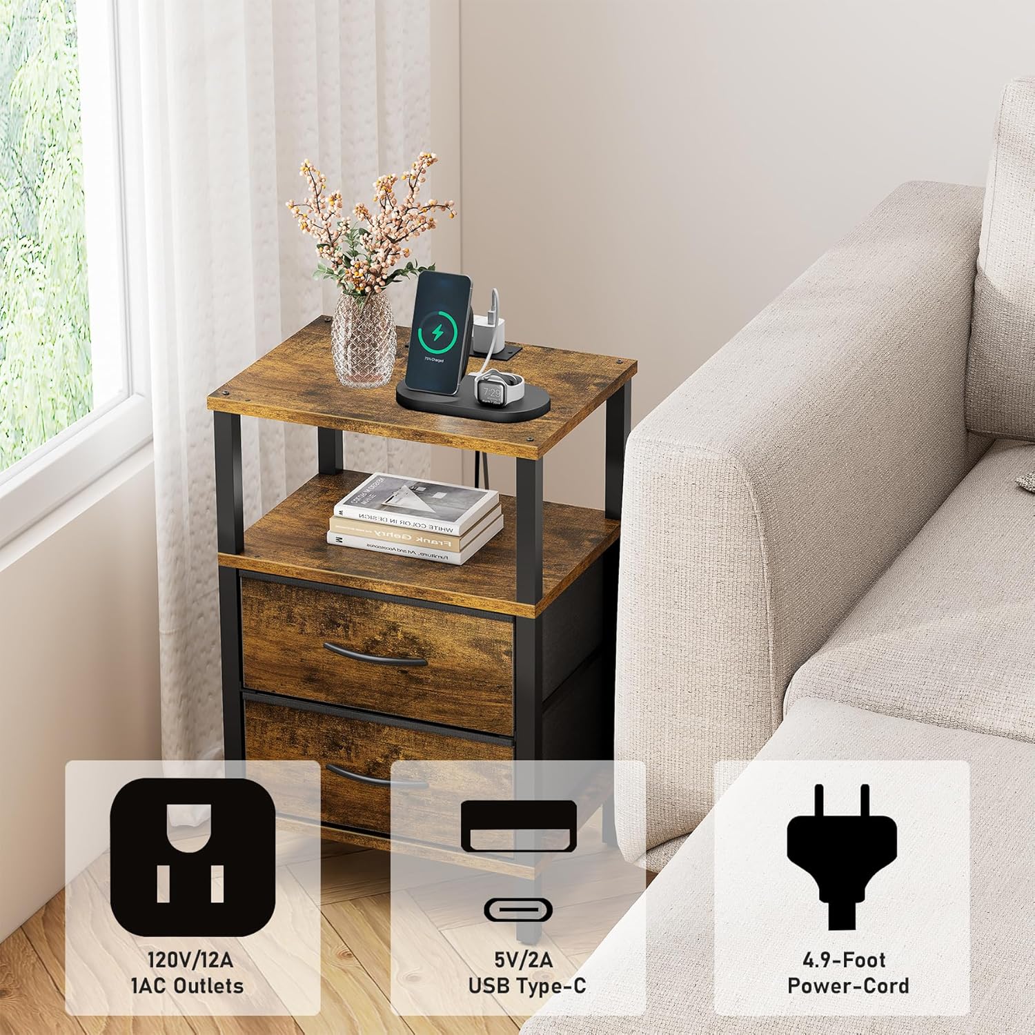 TUTOTAK End Table with Charging Station, Side Table with 2 USB Ports and Outlets, Nightstand with Cloth Drawer, Set of 2, Couch Table, Brown TB01BB067