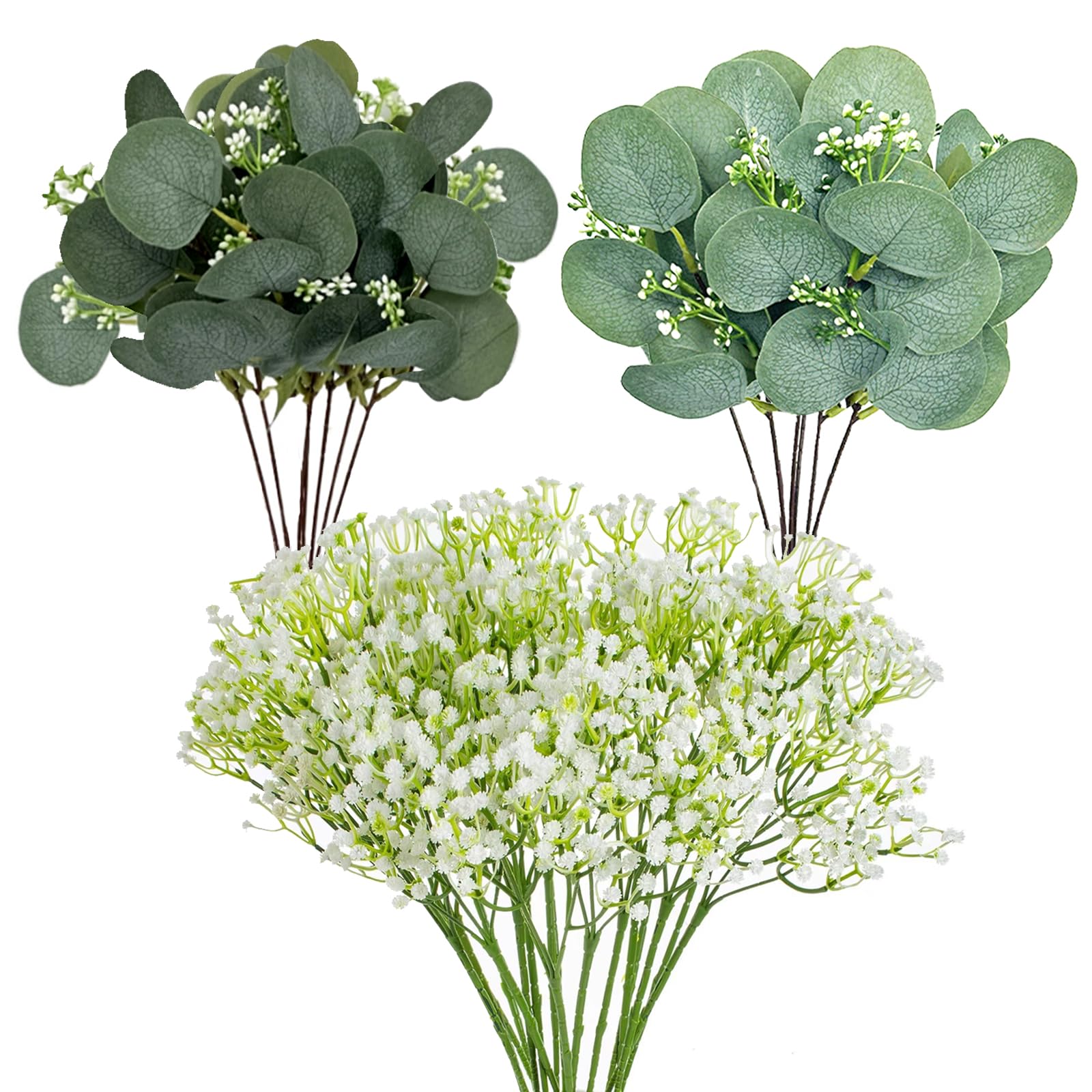 HONQX Artificial Eucalyptus Stems, 24 Pcs Gypsophila Artificial Flowers Greenery Foliage Faux Eucalyptus Plant Stems Leaves for Wedding
