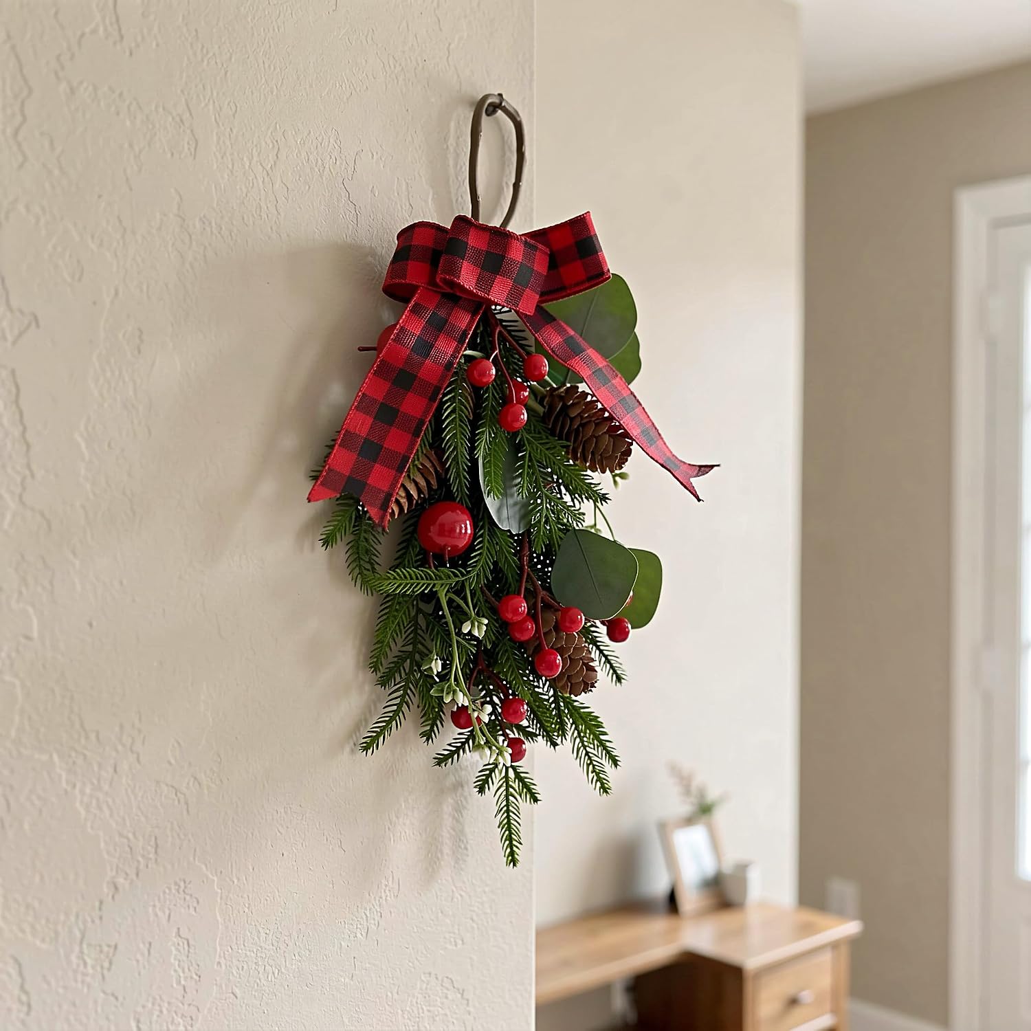 Zerodeko Christmas Front Door Swag,Artificial Pine Needle Teardrop Garland