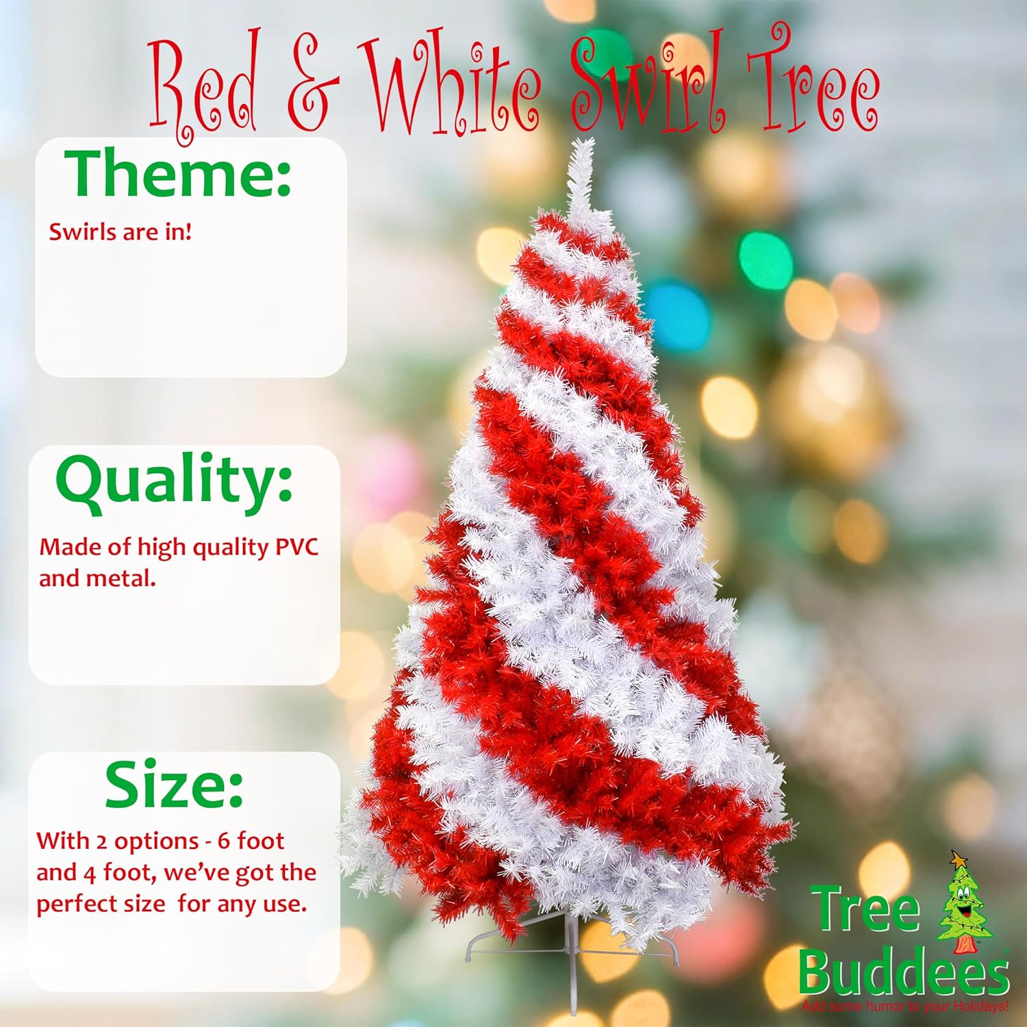 Tree Buddees Red and White Swirl Candy Cane Colored Artificial Christmas Tree (4 Foot)