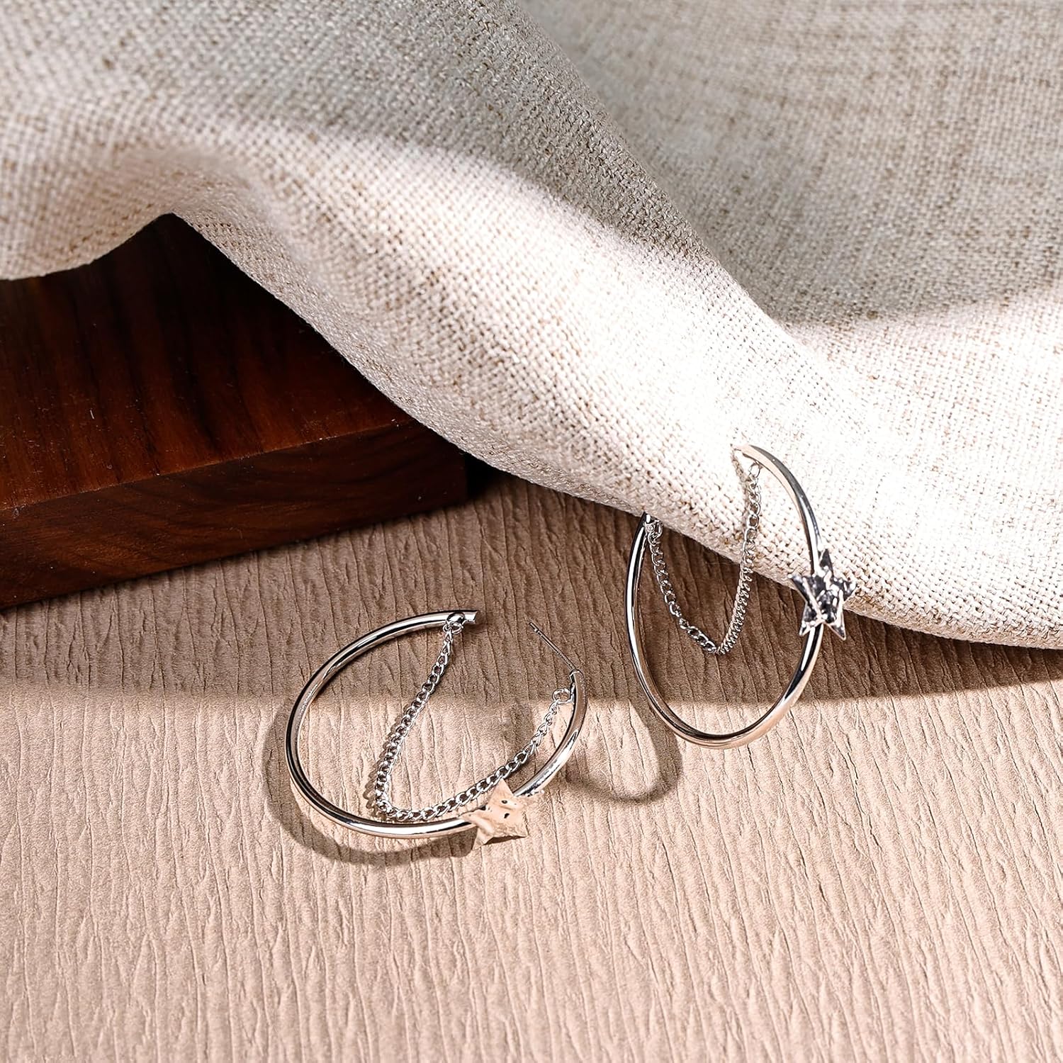 Star Earrings for Women, Sterling Silver Half Hoop Earrings with Dangle Chain, Wedding Party & Everyday Jewelry Gift - Image 5