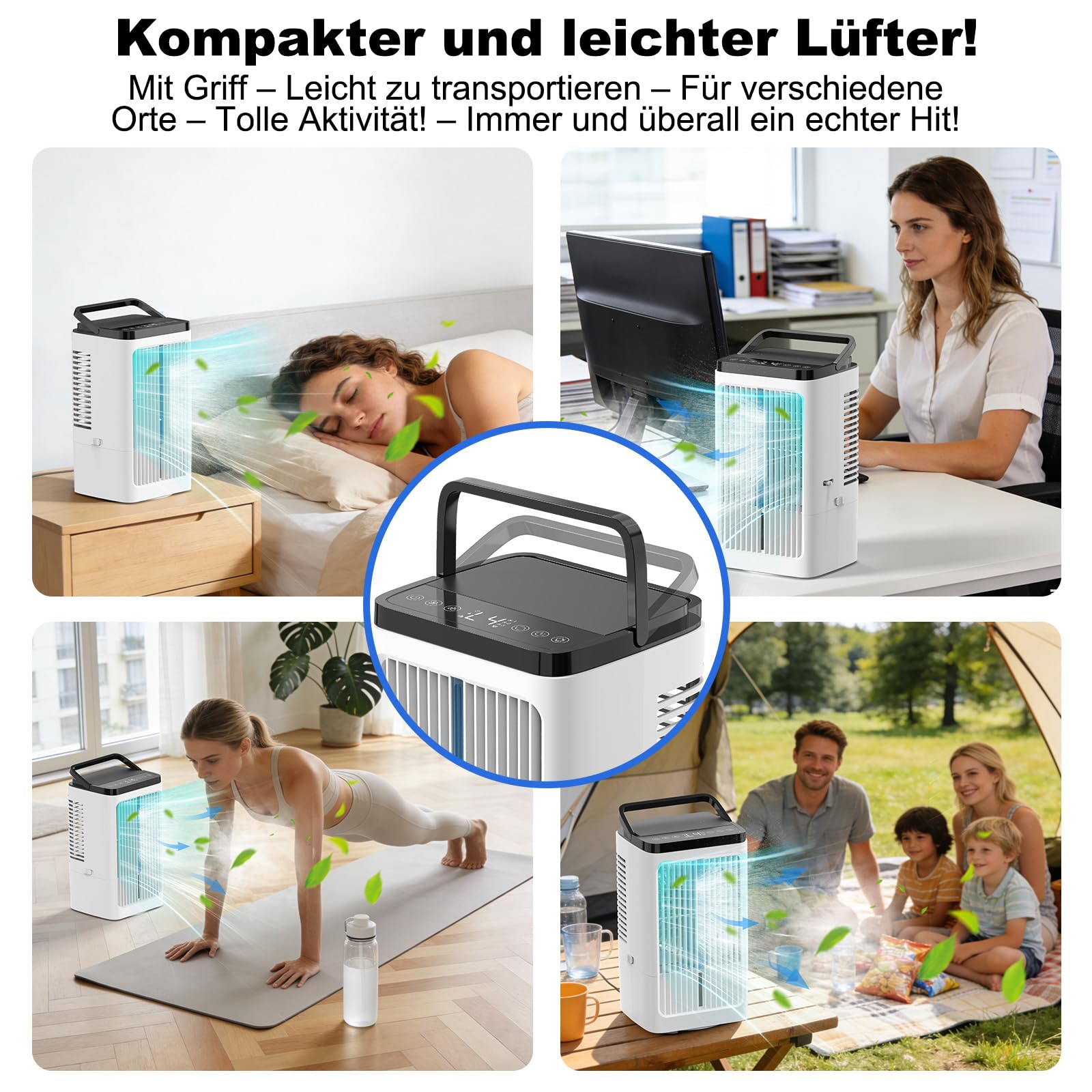 Klimaanlage Mobil, Mini Luftkühler, mit 2 Sprühstufen & 4 Geschwindigkeitsstufen, 1200ml Wassertank, 7 Farben Nachtlicht, 1-8 Stunden Timer, für Schlafzimmer und Büro (Cremeweiß)