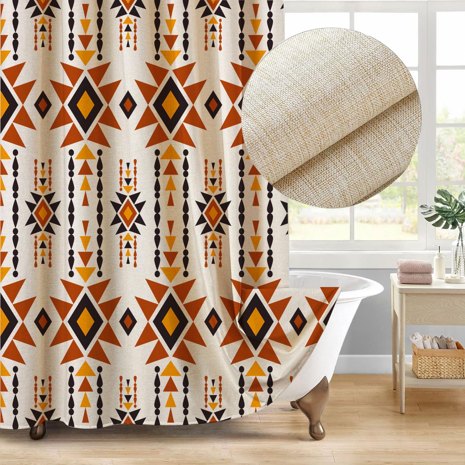 Jimuzi Western Aztec Linen Shower Curtain - Colorful Geometric Stripes, Waterproof, 71x71 Inches With Hooks - View #6