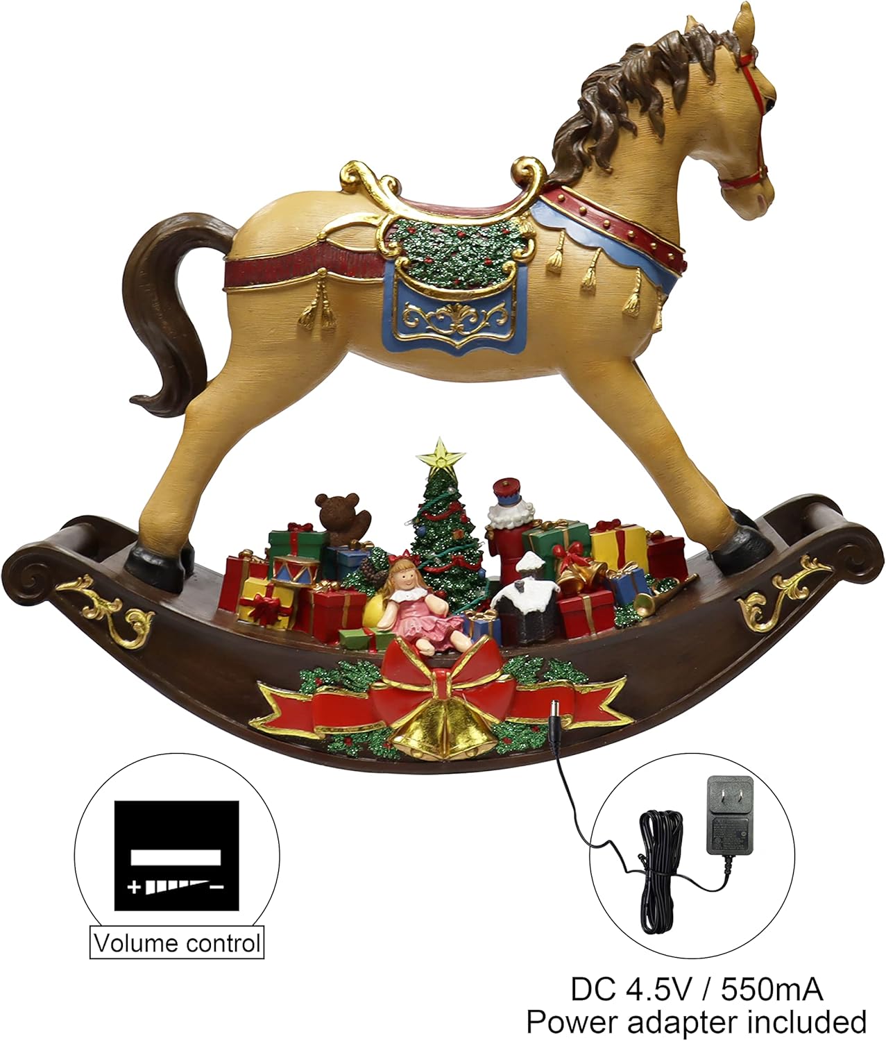 MOMENTS IN TIME Christmas Decor Rocking Horse with Santa Placing Presents Under The Christmas Tree Scene, with LED Lights and Christmas Music - Power Adapter (Included)