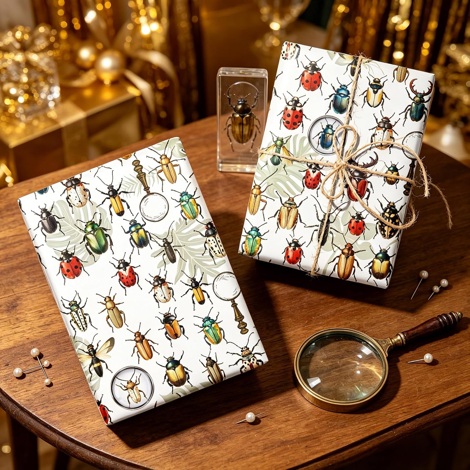 Dlyrroba Insect Wrapping Paper Roll - Watercolor Beetle Bugs Leaves Design Gift Wrap for Kids Birthday Nature Party Holiday 17 Inch x 16.5 Feet