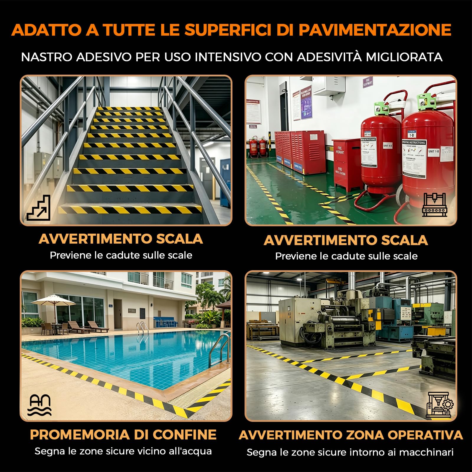 Nastro Segnaletico da Pavimento Extra Spesso 1,1 mm, 50 mm x 30 m, Alta Adesione, Nero/Giallo, Antiusura per Magazzino, Officina e Industria