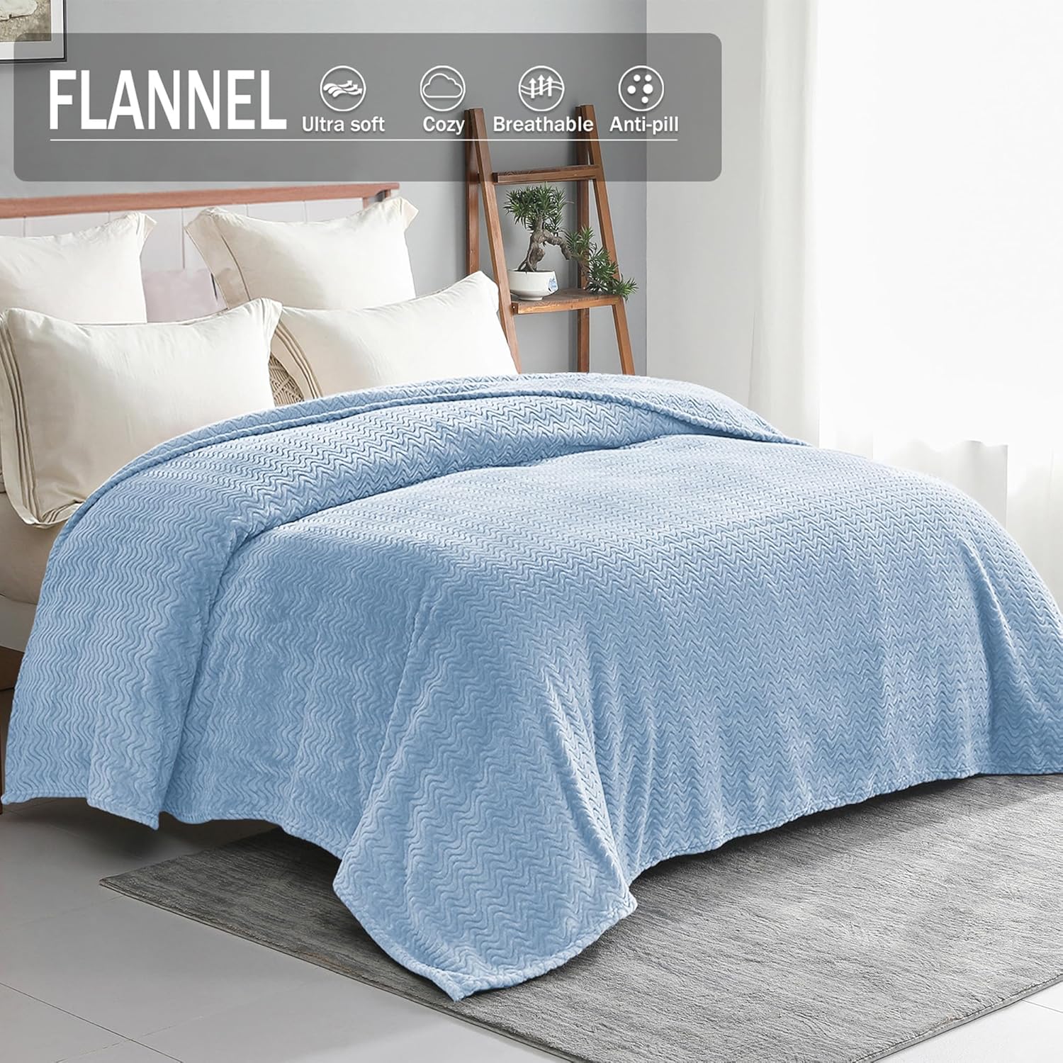 Exclusivo Mezcla Queen Blanket for Bed, Cozy Lightweight Fleece Blankets for All Season, Decorative Giftable Fuzzy Plush Wave Textured Suitable for Women, Men, Light Blue, 90x90 Inches - Image 3