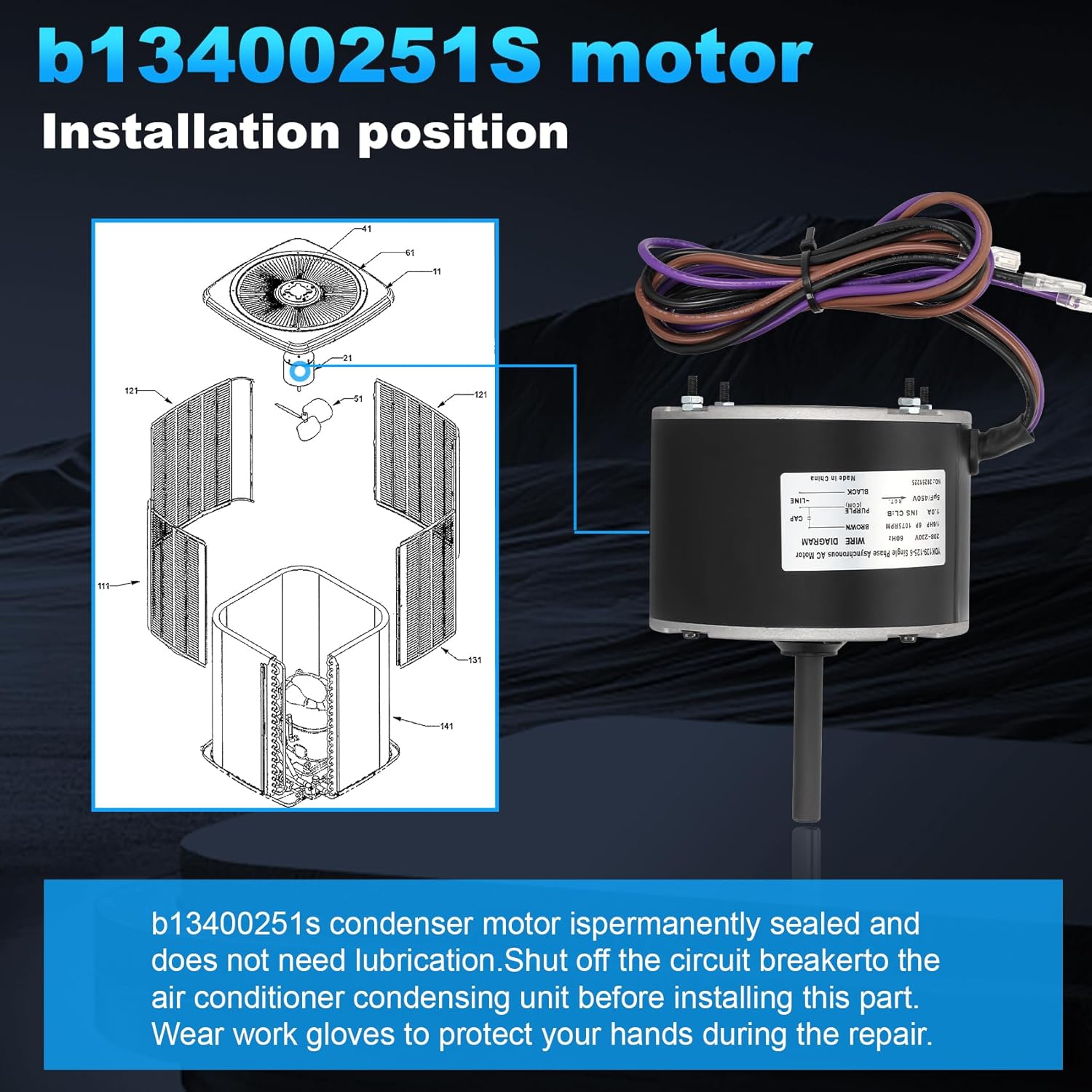 B13400251,1/6 HP Condenser Fan Motor Replaces Goodman B13400251, ge 5KCP39BGY926S, genteq 3S012, 208-230 Volts, 1075 RPM, with Capacitor
