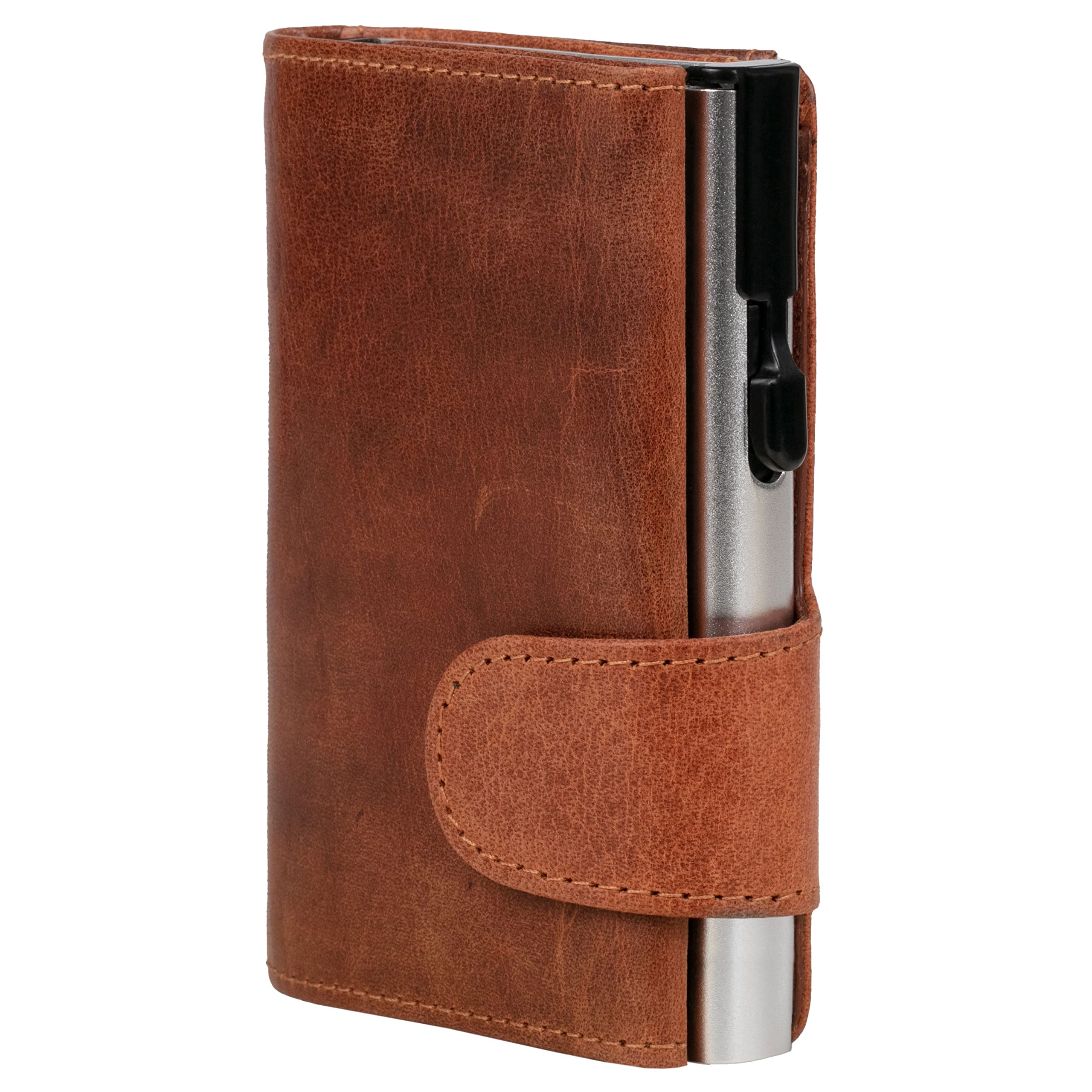 962508 Kreditkartenetui mit Münzfach und Geldscheinfach aus cognacfarbenem Büffelleder mit champagnerfarbenem Aluminium Tresor und RFID Schutz (Kartenetui, Kartenhalter, Slim Wallet)