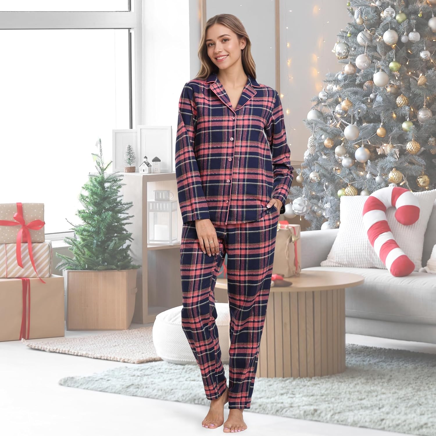 100% Cotton Women’s Plaid Pajama Set Button-Down Top with Notch Collar PJ Set Women Plaid Loungewear Sleepwear Set - Image 3