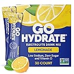 GoHydrate Low Sodium Electrolytes Powder Packets Sugar Free - Instant Hydration Daily Drink Mix - Zero Sugar Water Flavor Packet Singles with Vitamin D - (Lemonade, 30 Packs)