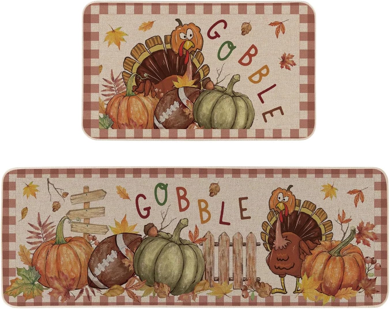 Moutina Buffalo Plaid Pumpkin Turkey Gobble Thanksgiving Kitchen Rugs Set of 2, Fall Maple Leaves Football Home Decor Low-Profile Kitchen Mats for Floor - 17x29 and 17x47 Inch