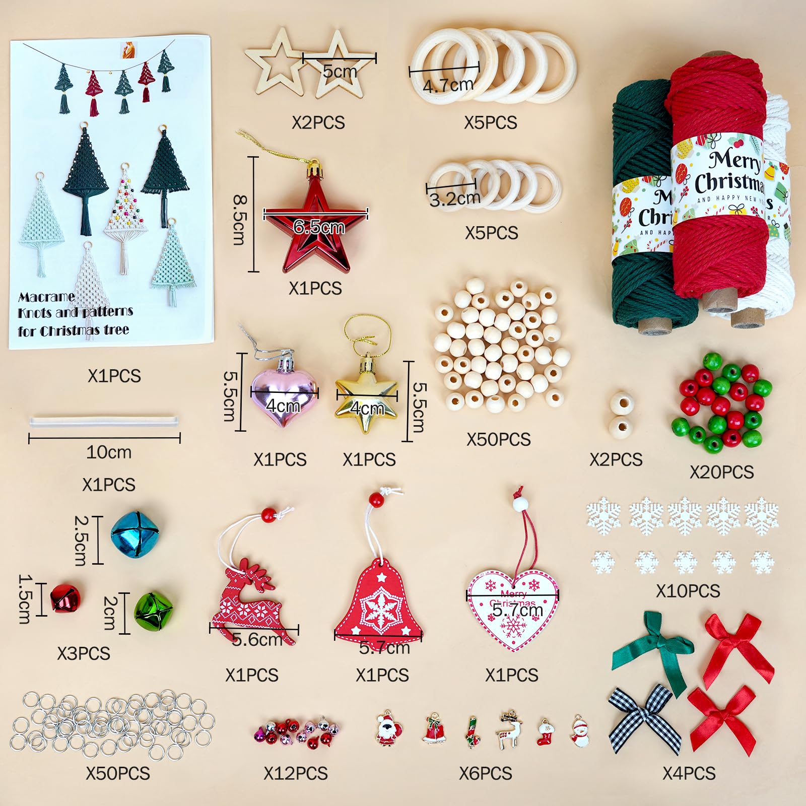 Beginners Macrame Kit for Christmas Featuring 3mm Macrame Cord, Beads, Rings - Image 2