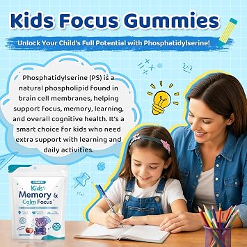 Kids Focus & Memory Gummies with Magnesium Glycinate, Phosphatidylserine & Choline - Support Brain, Attention & Focus for Kids, Learning & Cognitive Development Sugar Free Strawberry 60 Gummies