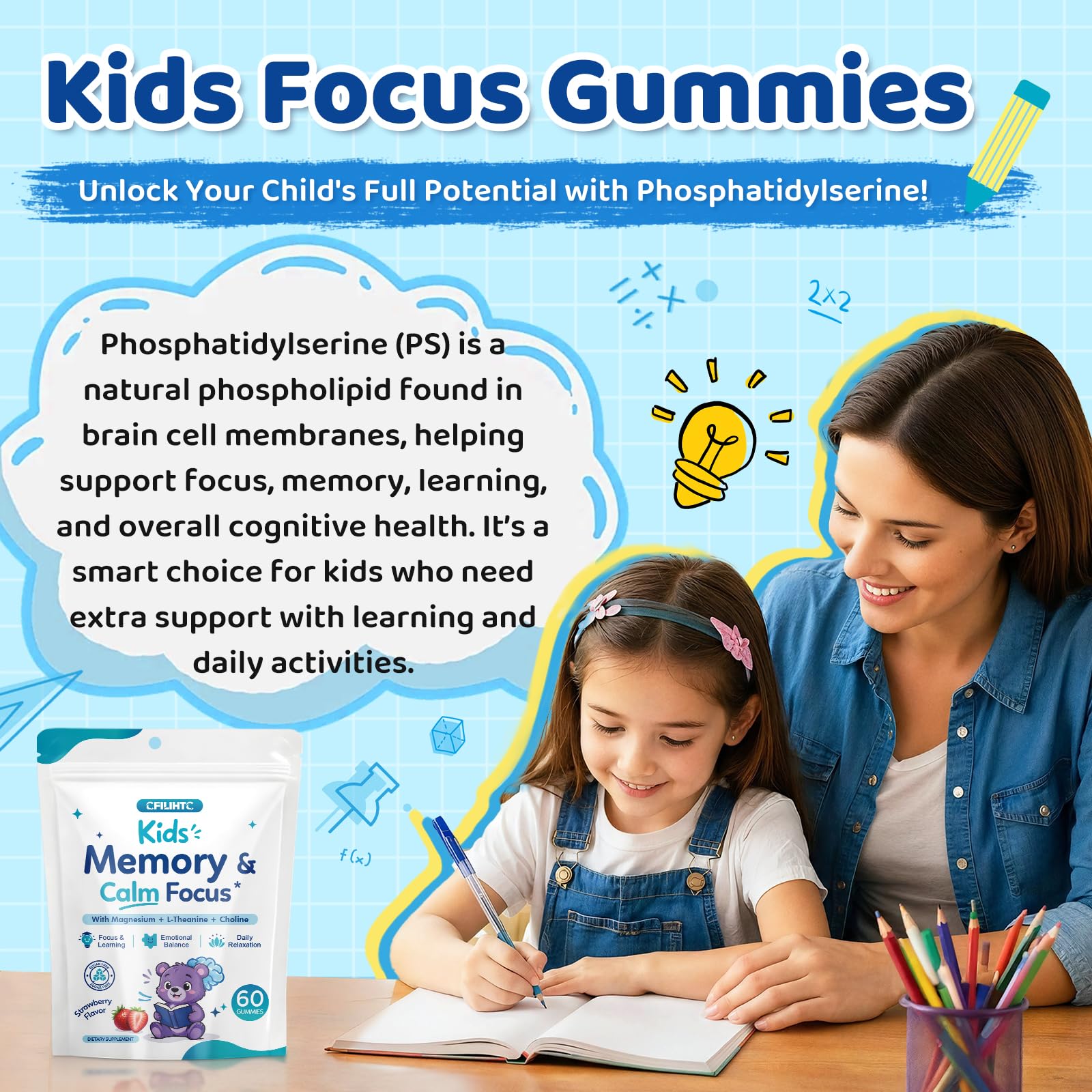 Kids Focus & Memory Gummies with Magnesium Glycinate, Phosphatidylserine & Choline - Support Brain, Attention & Focus for Kids, Learning & Cognitive Development – Sugar Free Strawberry 60 Gummies — Amazon image 4