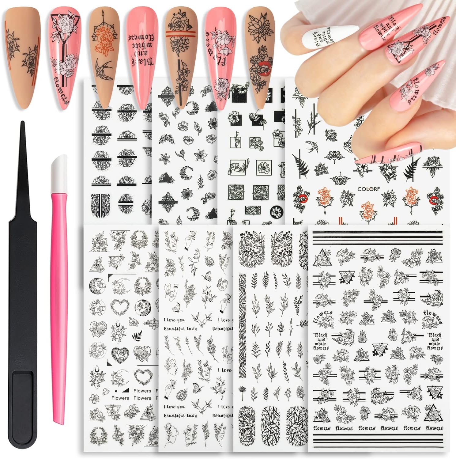 Flower Nail Art Stickers Decals Black White Nail Stickers