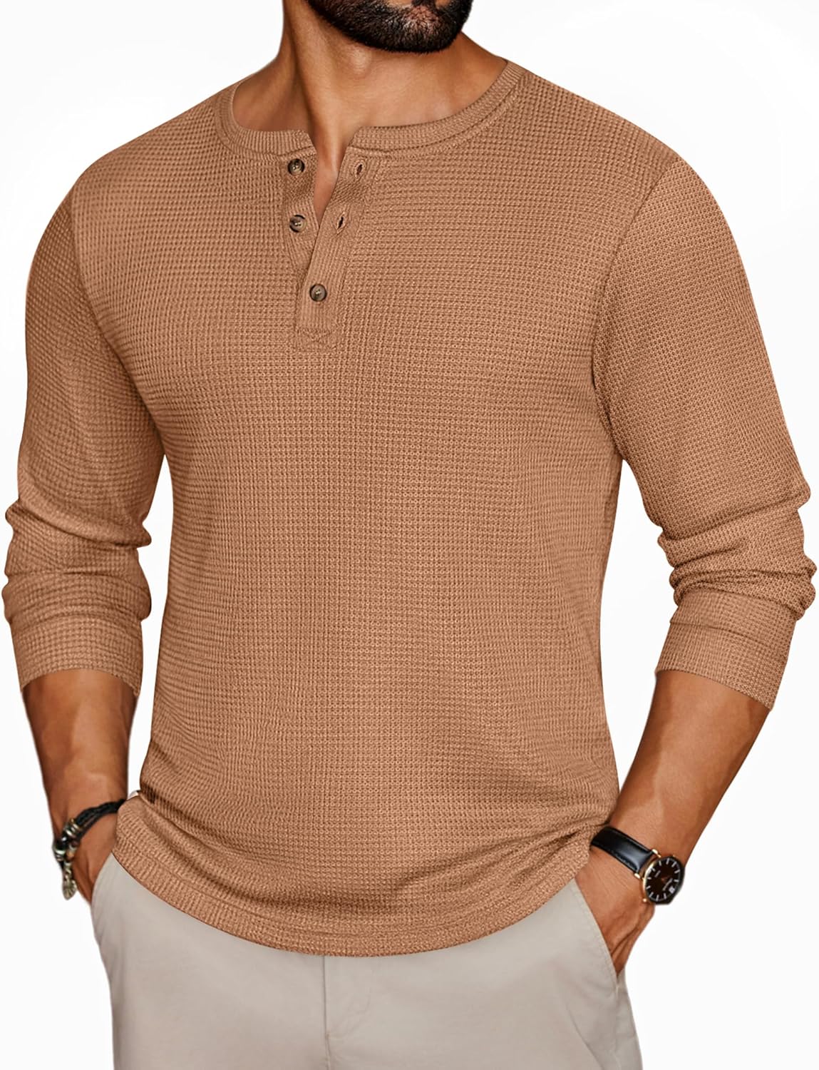 Mens Henley Long Sleeve Shirts Waffle T-Shirt Lightweight Thermal Undershirts Light Brown M