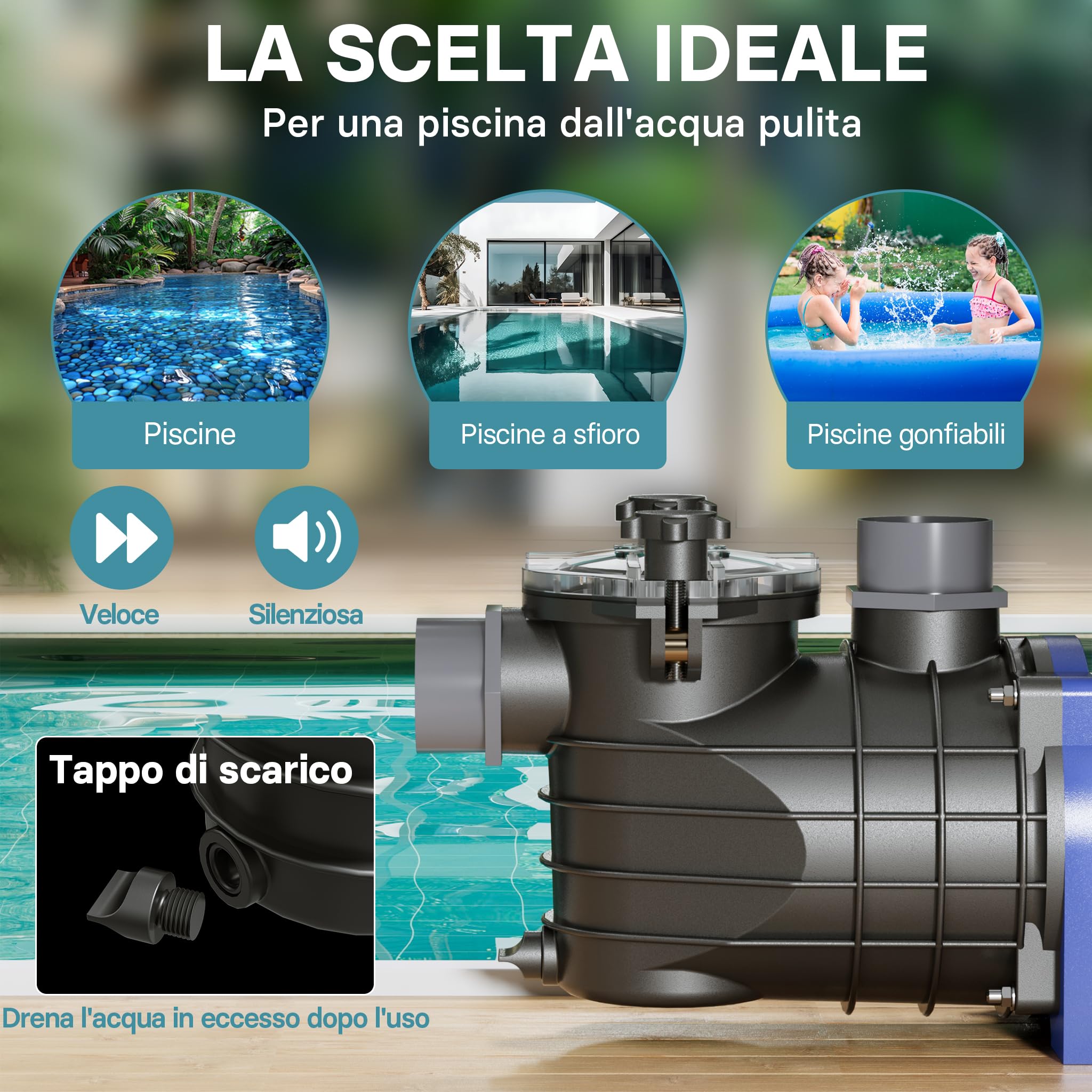 Pompa piscina per ricircolo e filtraggio 13200 l/h 370 W Pompa di circolazione