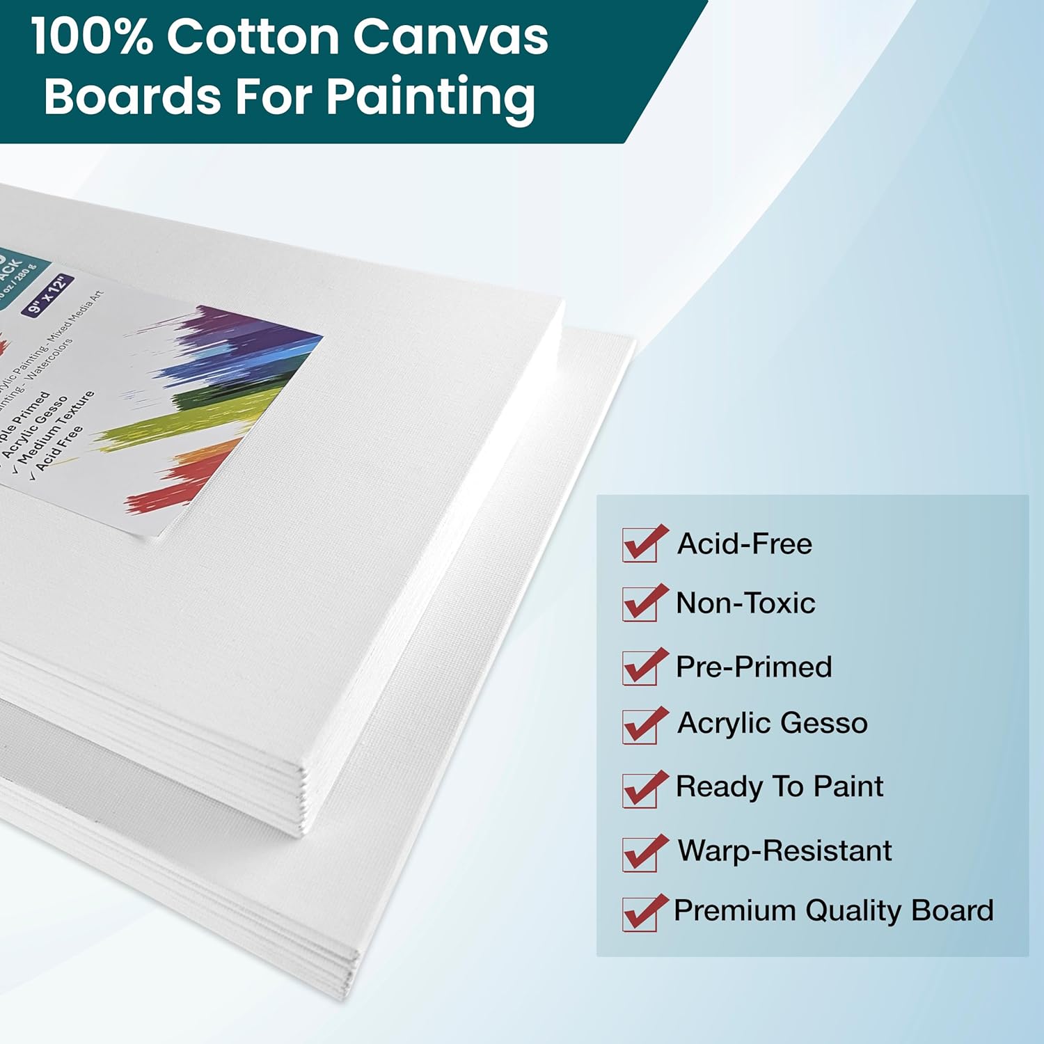 20-Pack Large Canvas for Painting, 10 of 9x12 & 11x14 Inches - 100% Cotton Triple Primed Large Canvases for Painting Acrylic, Oil, Watercolor, Tempera - Art Supplies for Adults & Kids