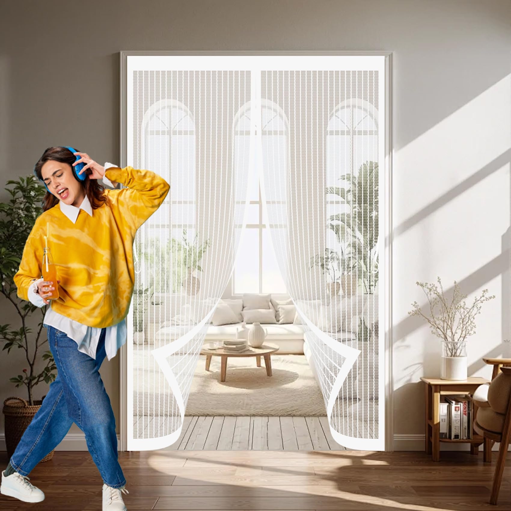 Magnetic Fly Screen Door 115 x 215 cm with Powerful Magnets & Full Frame Magic Tape, Keep Bugs Out & Lets Fresh Air in Mesh Screen Curtain for Patio Doors Balcony, White