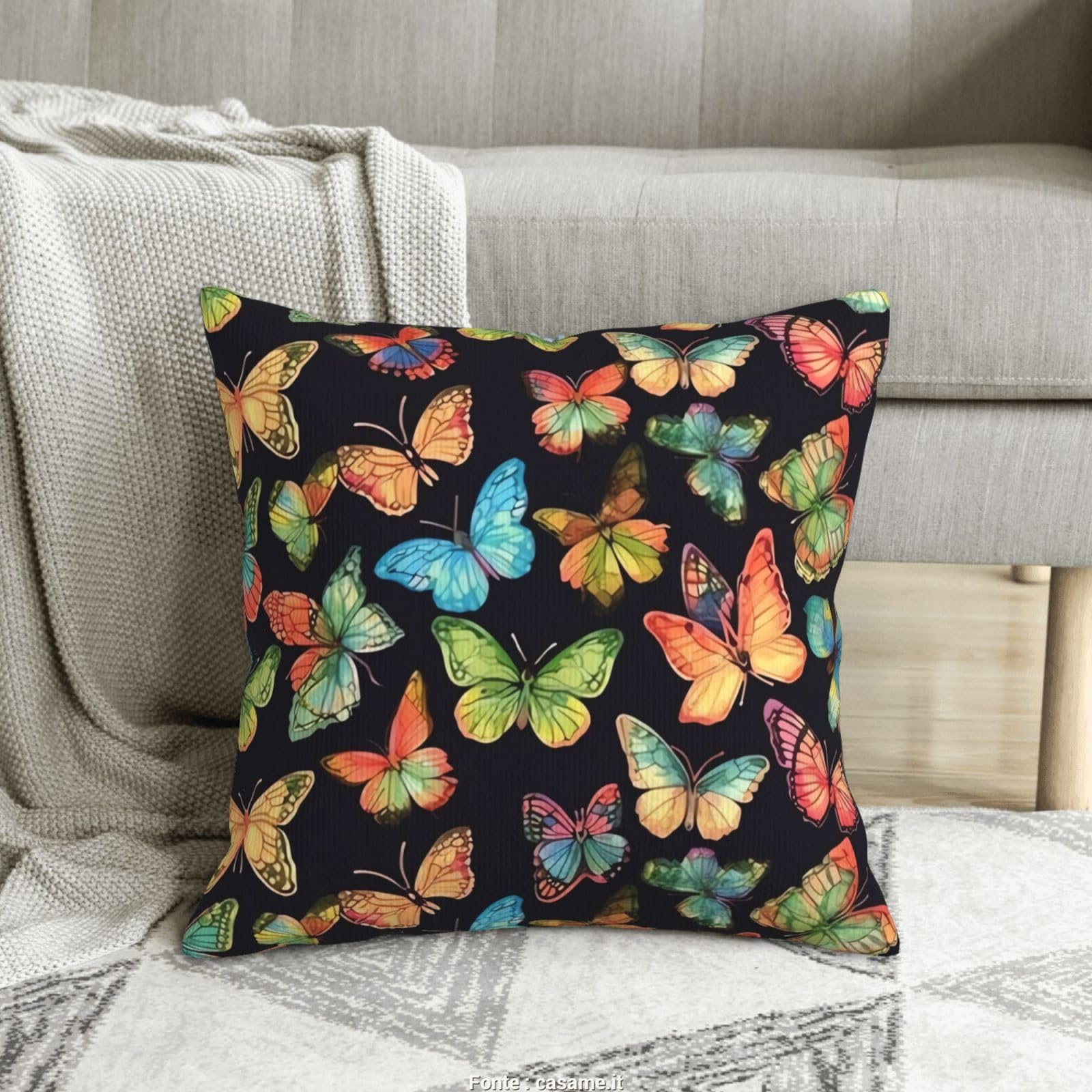 Housse de coussin velours côtelé doux imprimé papillon carré décoration