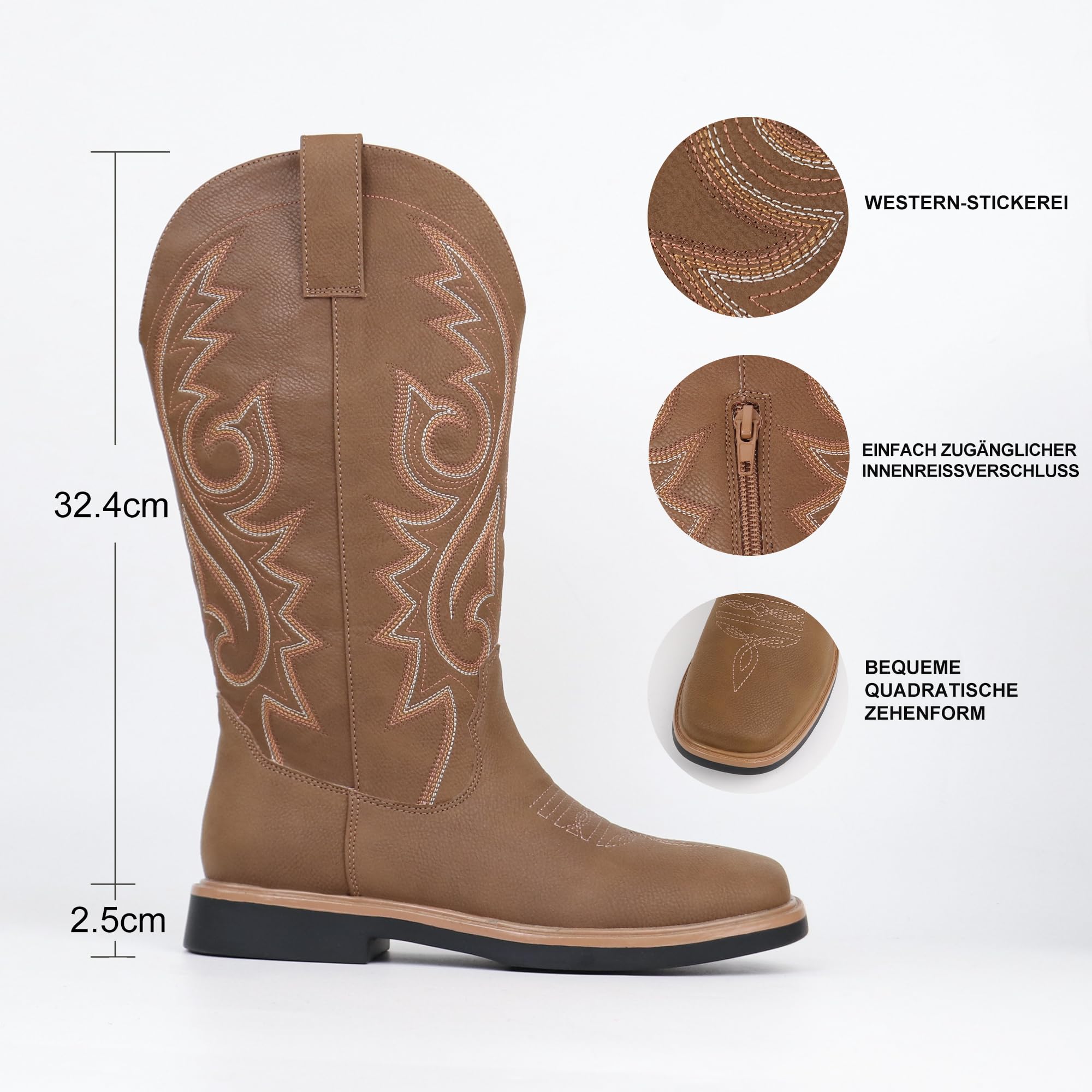 Hawkwell Stivali da cowboy da donna con punta quadrata, chiusura lampo laterale ricamata, tacco basso