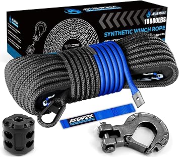 Synthetic Winch Rope Kit, 1/4" x 50ft 10000LBS Blue+Black Winch Cable with Protective Sleeve, Forged Winch Hook, Rubber Stopper and Safety Pull Strap for ATV UTV