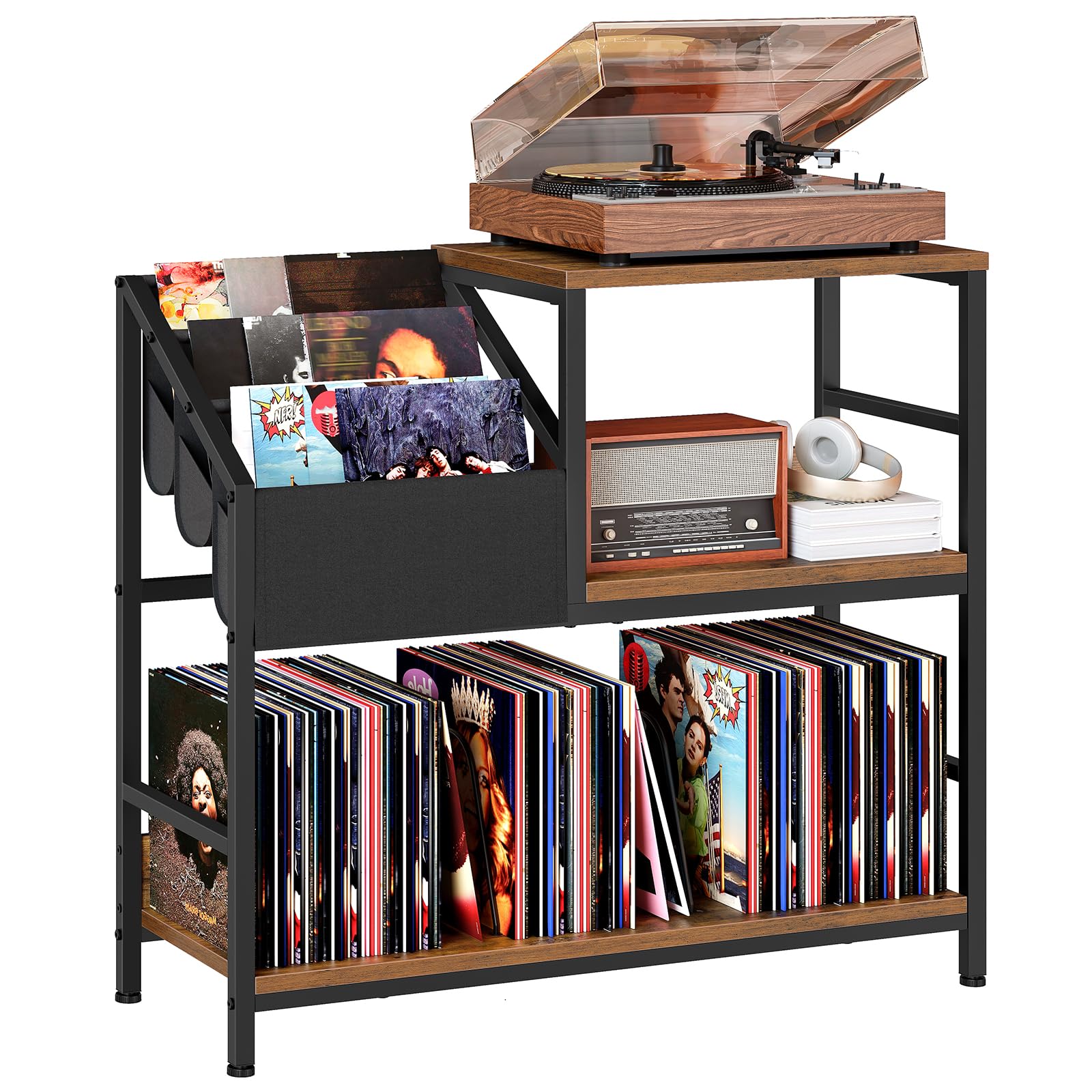 HOOBRO Record Player Stand, Vinyl Record Storage up to 240 Records, Turntable Stand with 3 Oxford Fabric Pockets, for Living Room, Study, Home Theater, Rustic Brown and Black EBF82RS01