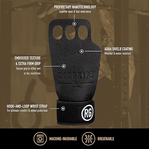 Miniatura 3 de RooGrips Empuñaduras de cuero de alta calidad de 3 dedos para barras de gimnasia, entrenamiento cruzado, gimnasio y entrenamientos en casa, barras