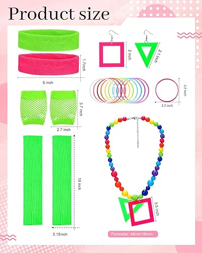 Miniatura 2 de Blulu 16 piezas de accesorios de Halloween de los años 80 para mujer, diadema de neón, calentadores de piernas, guantes de red, aretes, collar