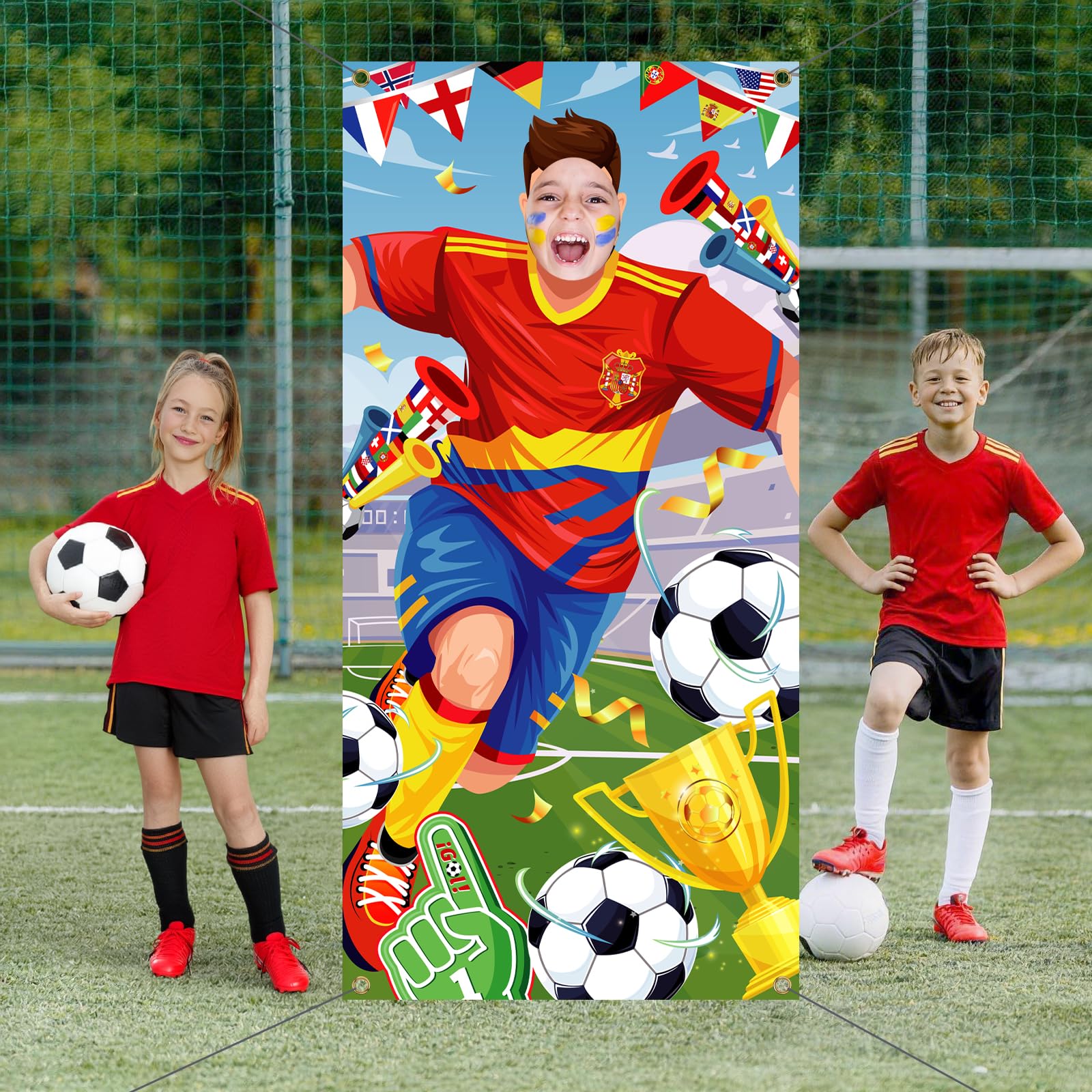 DPKOW España 2026 Mundial Pancarta Photocall Accesorios, Divertido Futbolista Cara Juego para Fútbol Copa del Mundo España Selección Animación Decoración Mundial 2026 Espana Aficionados, 185 * 90 cm - 4