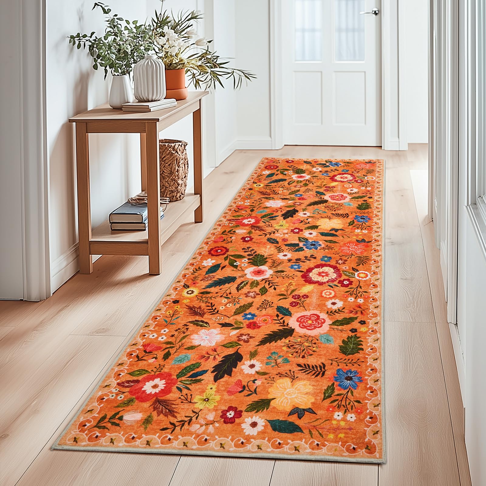 Puremy Waschbarer Flur Teppich Kurzflor Läufer, Vintage Blumenmuster Niedriger Flor, Wohnzimmerteppich Weich Teppiche für Bettvorleger Matte/Deko/Schlafzimmer/Kinderzimmer, 80x150cm, Orange