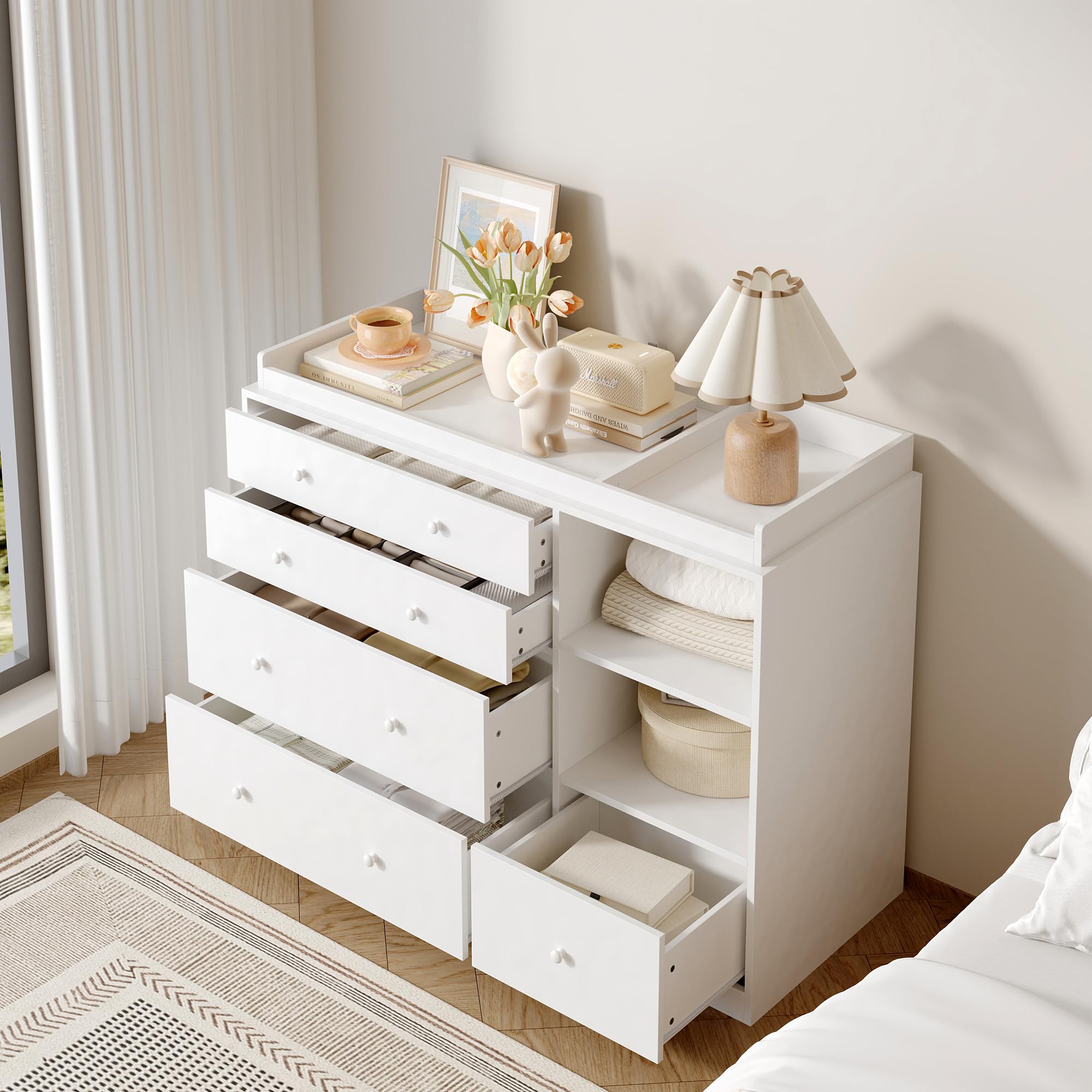 Caldion Commode à langer avec table à langer blanche, commode pour bébé avec 5 tiroirs et surface de rangement, commode de rangement pour chambre de bébé, 120 x 50 x 85 cm