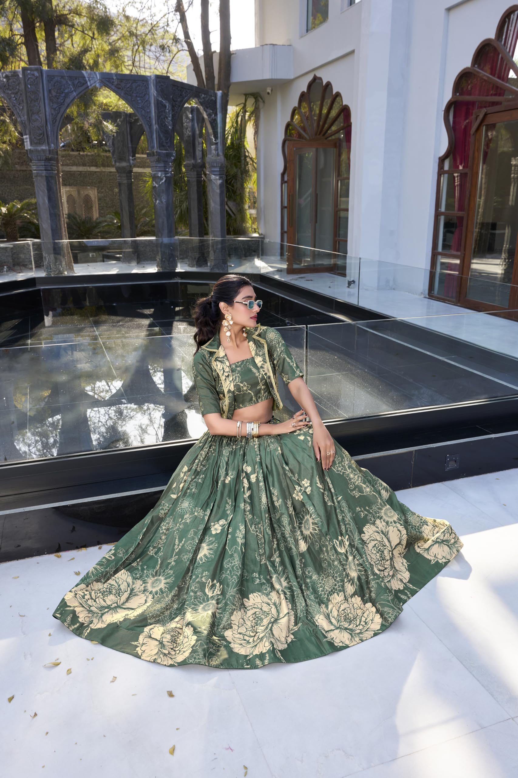 LooknBook Women's Tussar Silk Ready to Wear Stitched Lehenga Choli Set with Heavy Tassels Koti and Foil Printed Floral Pattern - Image 5 thumbnail