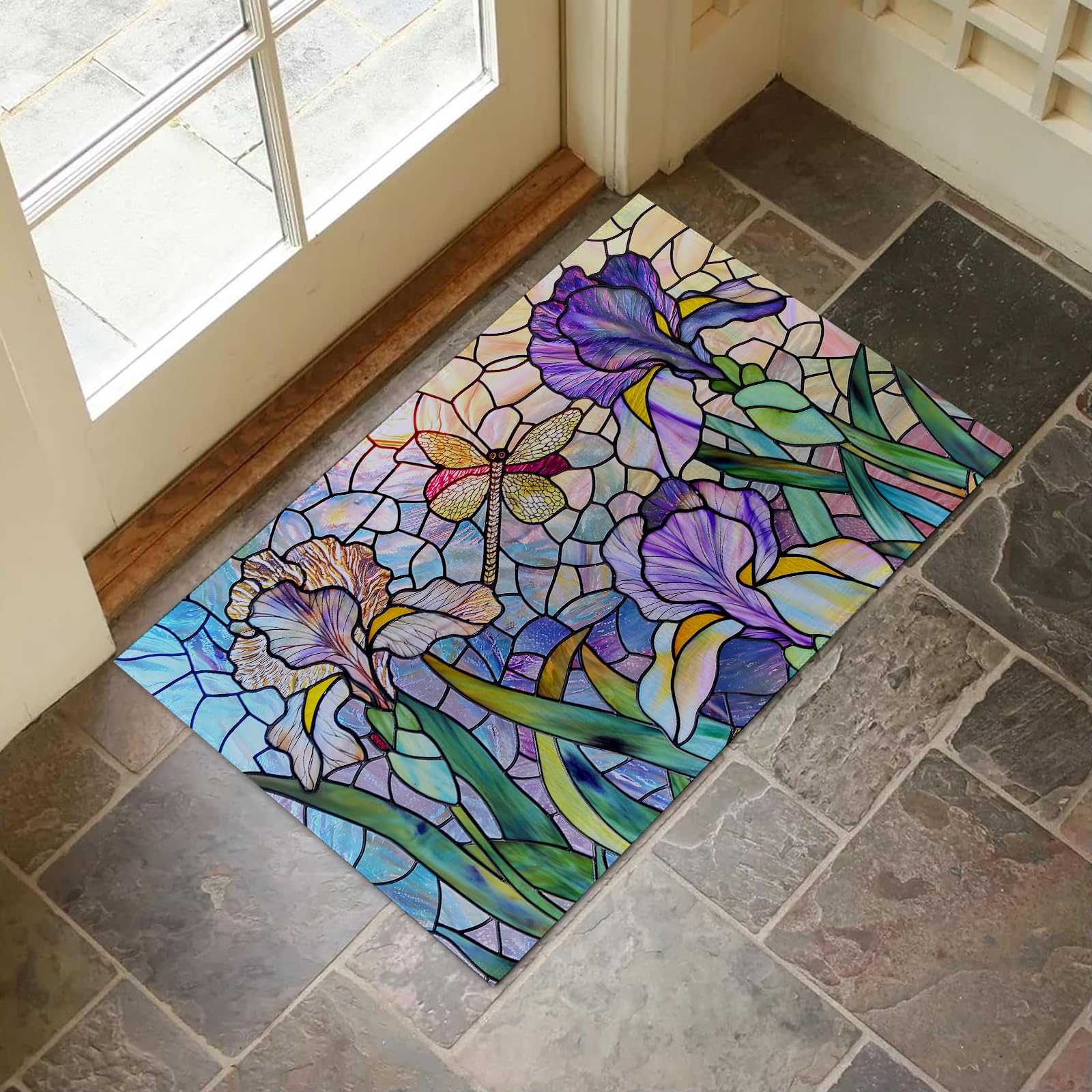 Tapis de bienvenue antidérapant motif libellule - Paillasson intérieur extérieur 43x75 cm