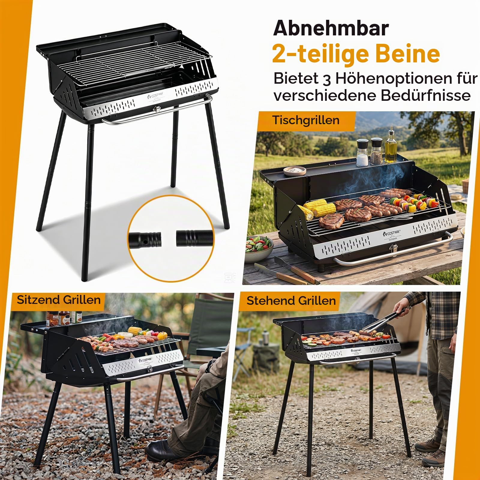 COSTWAY Holzkohlegrill tragbar, Tischgrill & Standgrill, 47 x 81 x 85 cm | Campinggrill mit abnehmbaren Beinen & Gestell, 2 Höhenstufen, Picknickgrill, für BBQ Camping, Picknick & Party, Schwarz