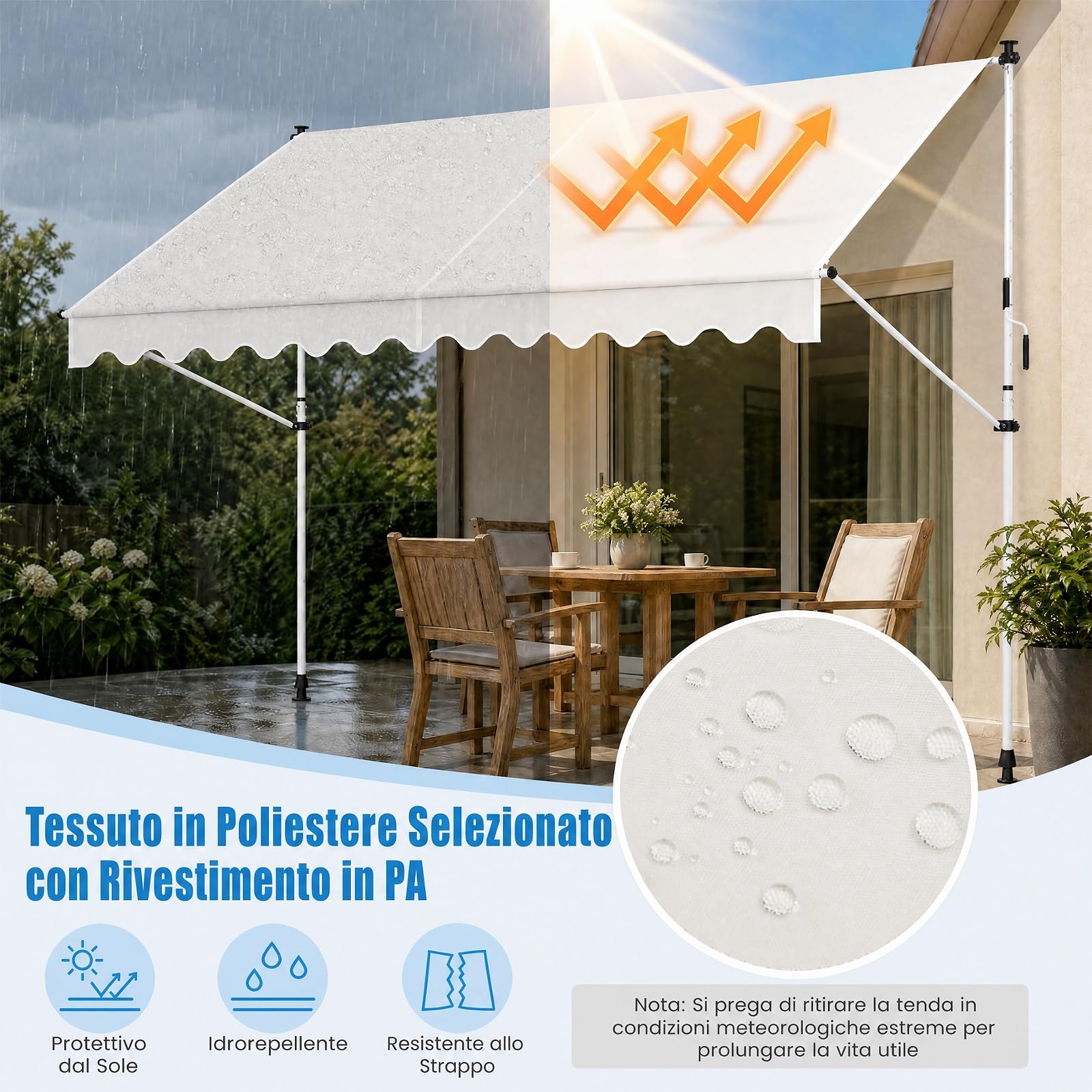 COSTWAY Tenda da Sole a Morsetto, Tenda per Balcone Senza Foratura Altezza e Inclinazione Regolabili con Manovella, Telo Impermeabile e Resistente ai Raggi Solari e Telaio Antiruggine (4M,Bianco)