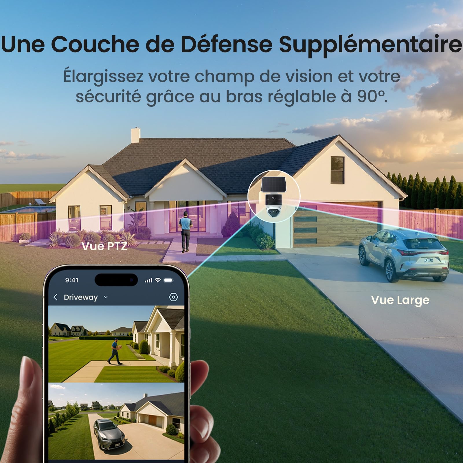 aosu T2 Pro 3K Camera Surveillance WiFi Exterieure sans Fil, Double Caméra | 360° PTZ + 170° Grand 5MP 2 Caméras Solaire, Sans Angle Mort, Zoom 8X, Vision Nocturne Couleur Alarme, IA Suivi Automatique