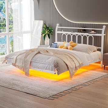 Double Floating Metal Bed Frame, White, 135 x 190 cm | Platform Bed with LED Lights, Charging Station, Supports up to 500 kg, No Box Spring Needed, Noise Free