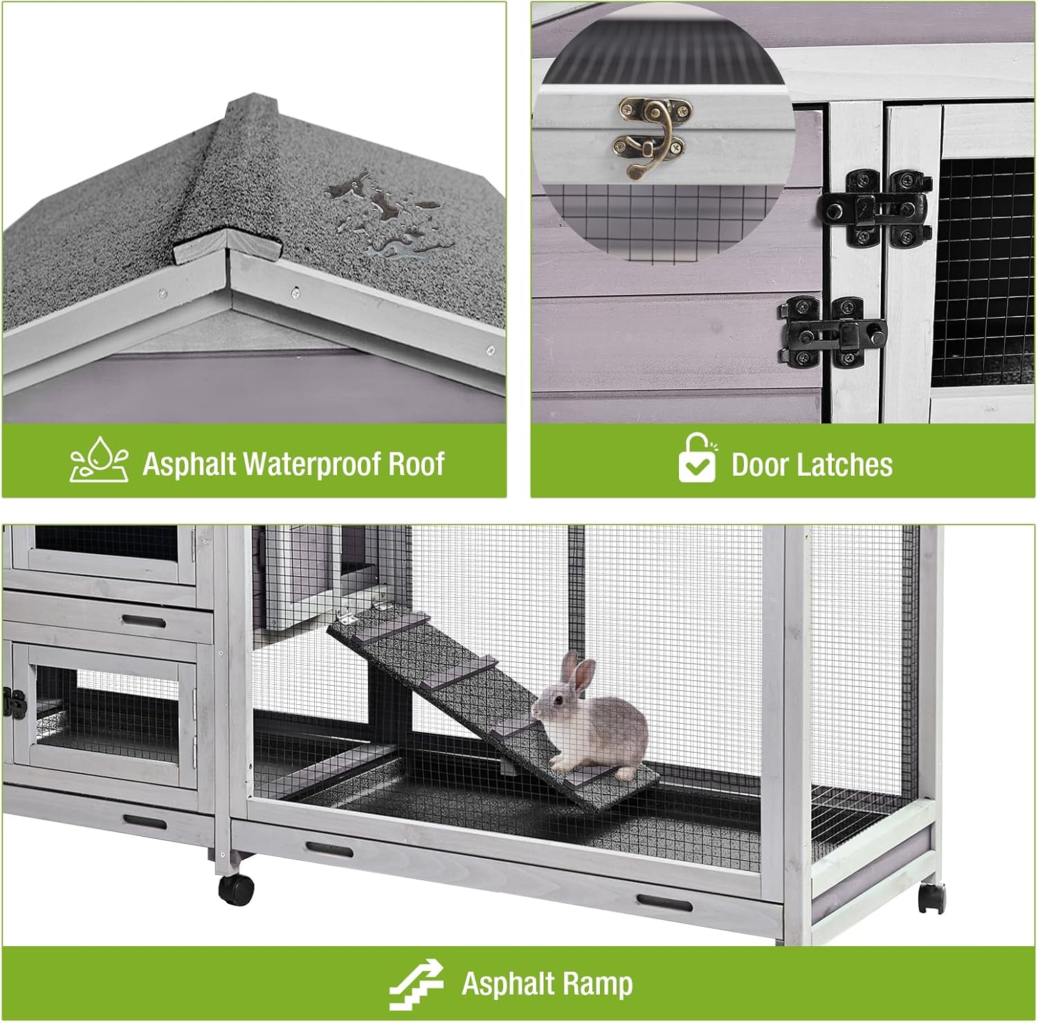 93.7" Large Rabbit Hutch Indoor & Outdoor, Rabbit Cage with 8 Wheels, Bunny Hutch with 4 Deep No Leakage Pull Out Trays
