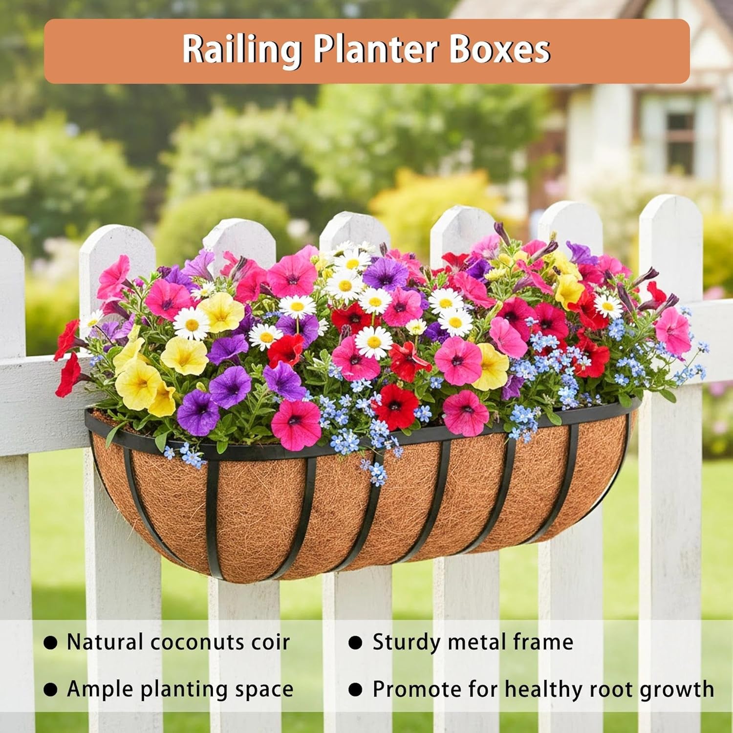 24'' Window Box Railing Planter with Coco Liner,2 Pack Horse Trough Planters Black Metal Hanging Flower Planters Basket for Porch Fence Patio Indoor Outdoor Lawn