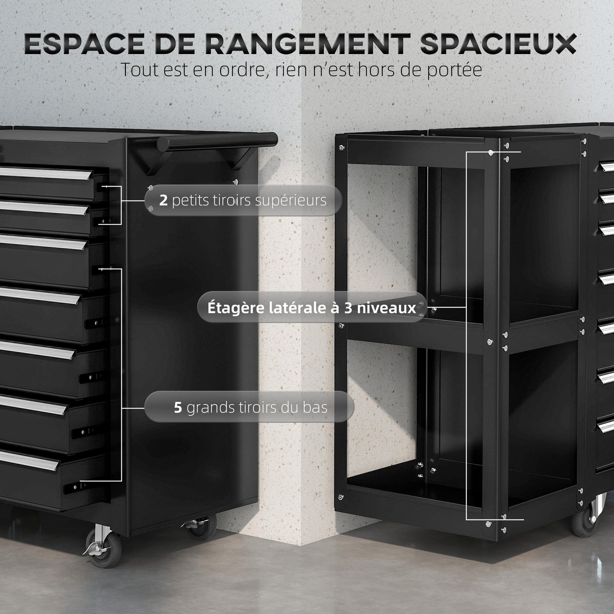 HOMCOM Servante d'Atelier en Acier à 7 Tiroirs Verrouillable 2 Clés Noir