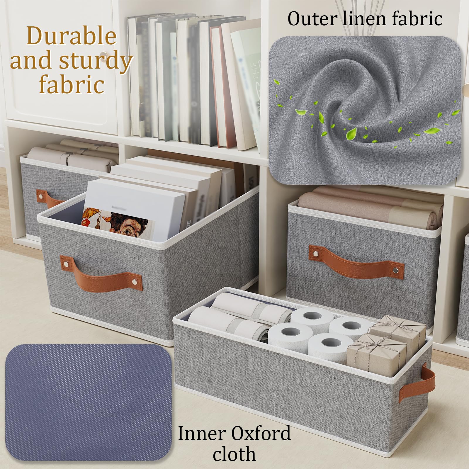 OUTBROS 6 Pcs Cestas de Almacenamiento, Gris, 41×25×16.5cm | Cajas Almacenaje Plegables con Tapa, Contenedores de tela Para Almacenamiento Cajaspara Guardar Ropa