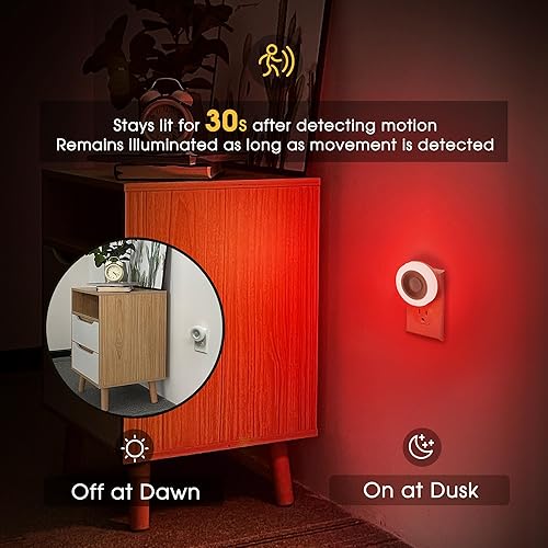Miniatura 4 de Briignite Luz nocturna roja con sensor de movimiento, paquete de 2, luces nocturnas enchufables a la pared, luz nocturna de activación de movimiento