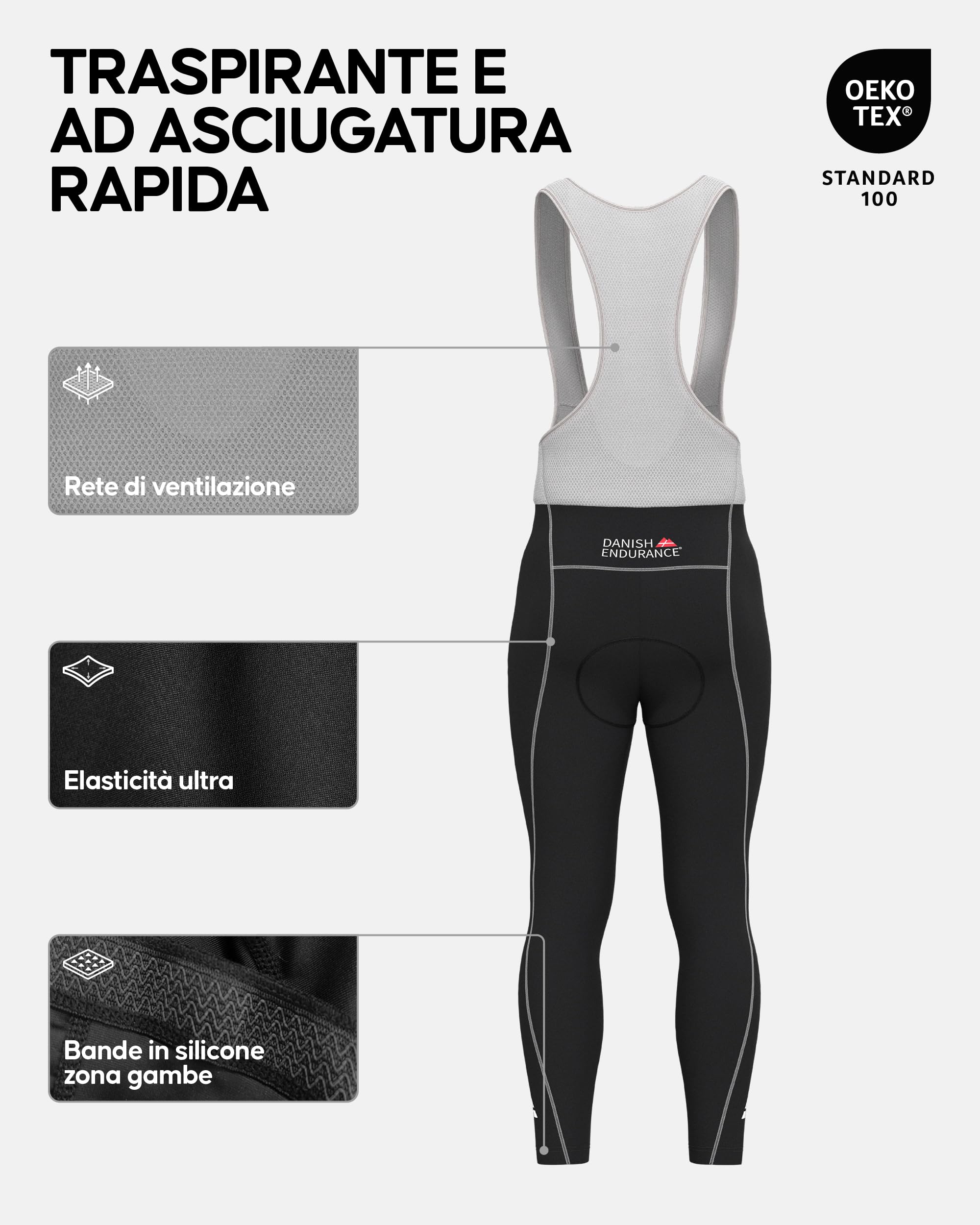 DANISH ENDURANCE Salopette Ciclismo, Pettorina e Pantaloni, Fondello Imbottito 3D in Camoscio, Quick Dry, da Uomo