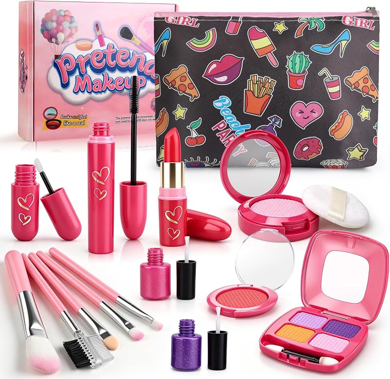 Kits de maquillaje para niñas pequeñas, maquillaje negro para niños pequeños de 3 a 5 años | Juguetes de maquillaje de juego falso para niños con bolso, juegos de simulación, regalos de cumpleaños para niñas de 3, 4, 5 y 6 años