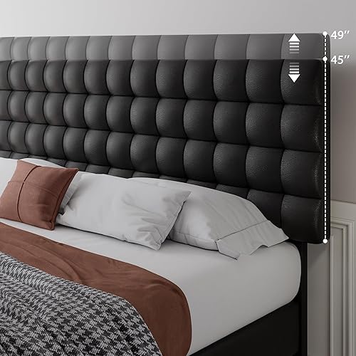 Miniatura 4 de iPormis Marco de cama de plataforma Queen marco de cama tapizado de piel sintética con cabecera cuadrada soporte de listones de madera no necesita