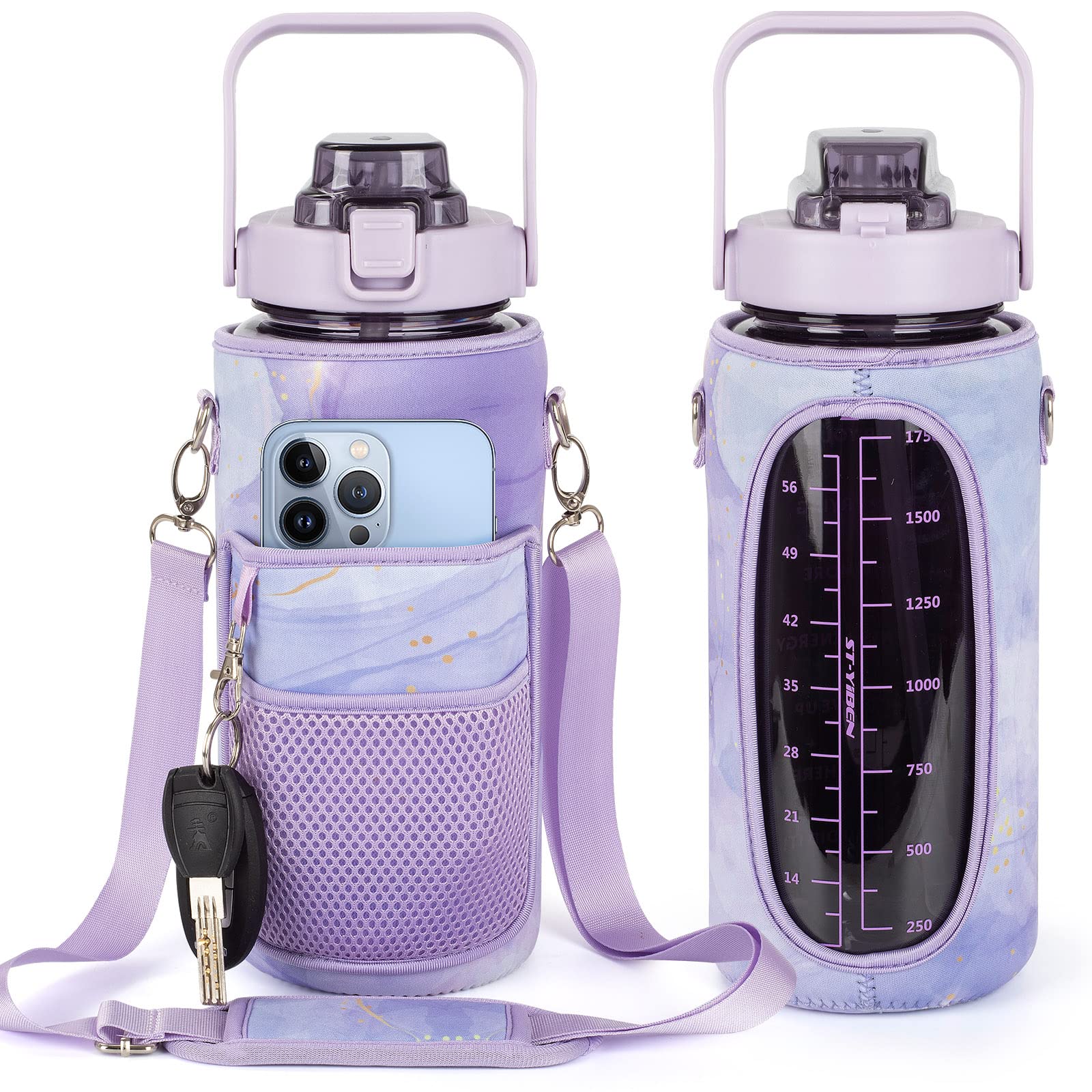 Half Gallon Water Bottles With Sleeve 64oz (2L),Water Bottle With Straw and Time Stamp, Drinkable Leak-Proof Tritan BPA-Free Bottle, Large Water Jug for Daily Hydration, Sports Bottles